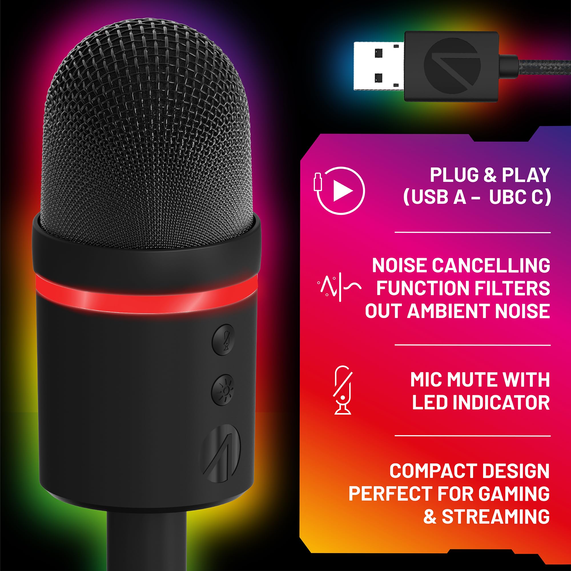 STEALTH Beleuchtetes LED-USB-Streaming-Mikrofon mit Noice-Cancelling-Funktion