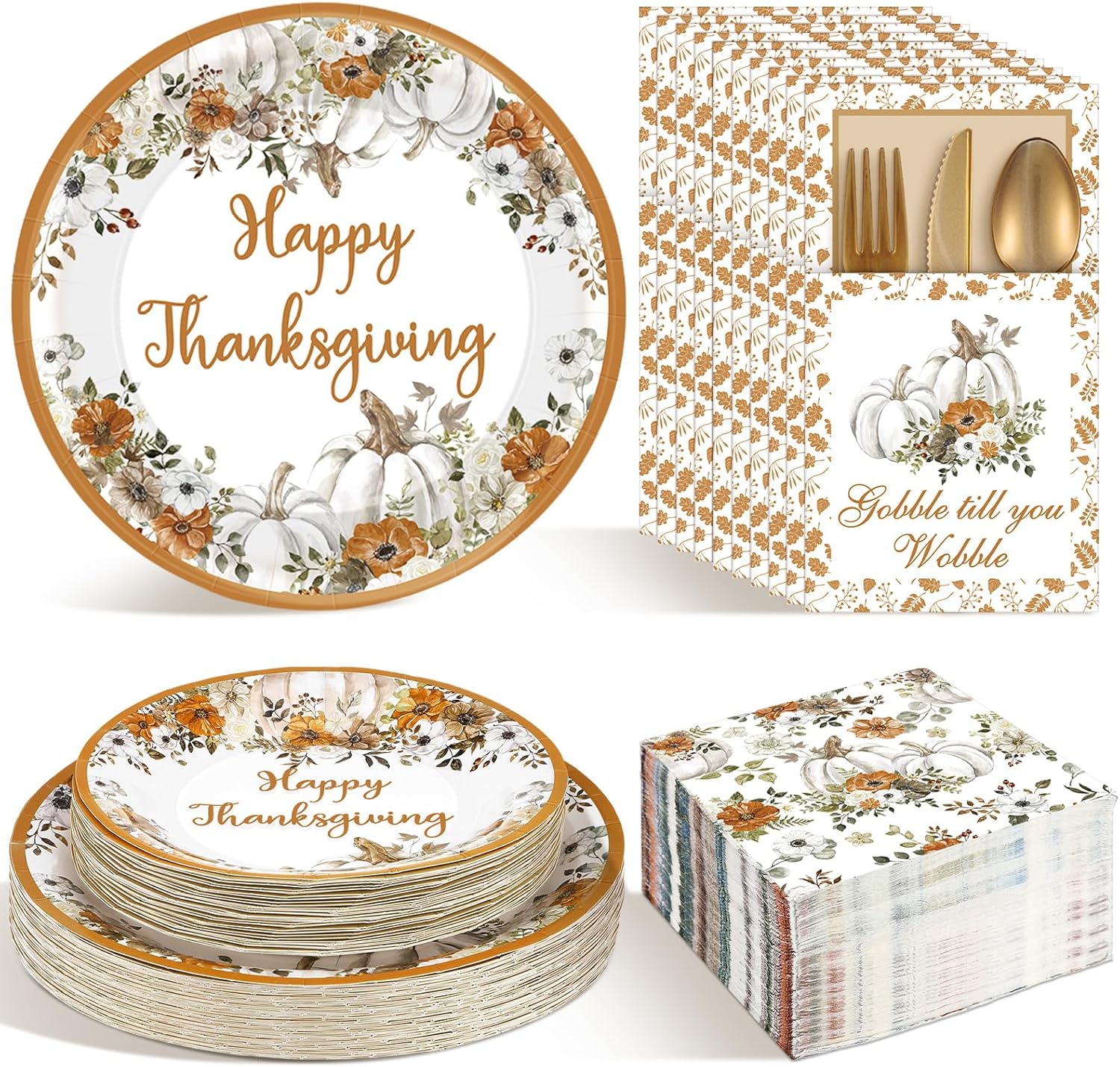 Funtery 264 Pcs Thanksgiving Plates Napkins Disposable Cutlery Holder Set Thanksgiving Centerpieces for Table Decoration Dinner Autumn Leaves Fall Harvest Wedding Decoration