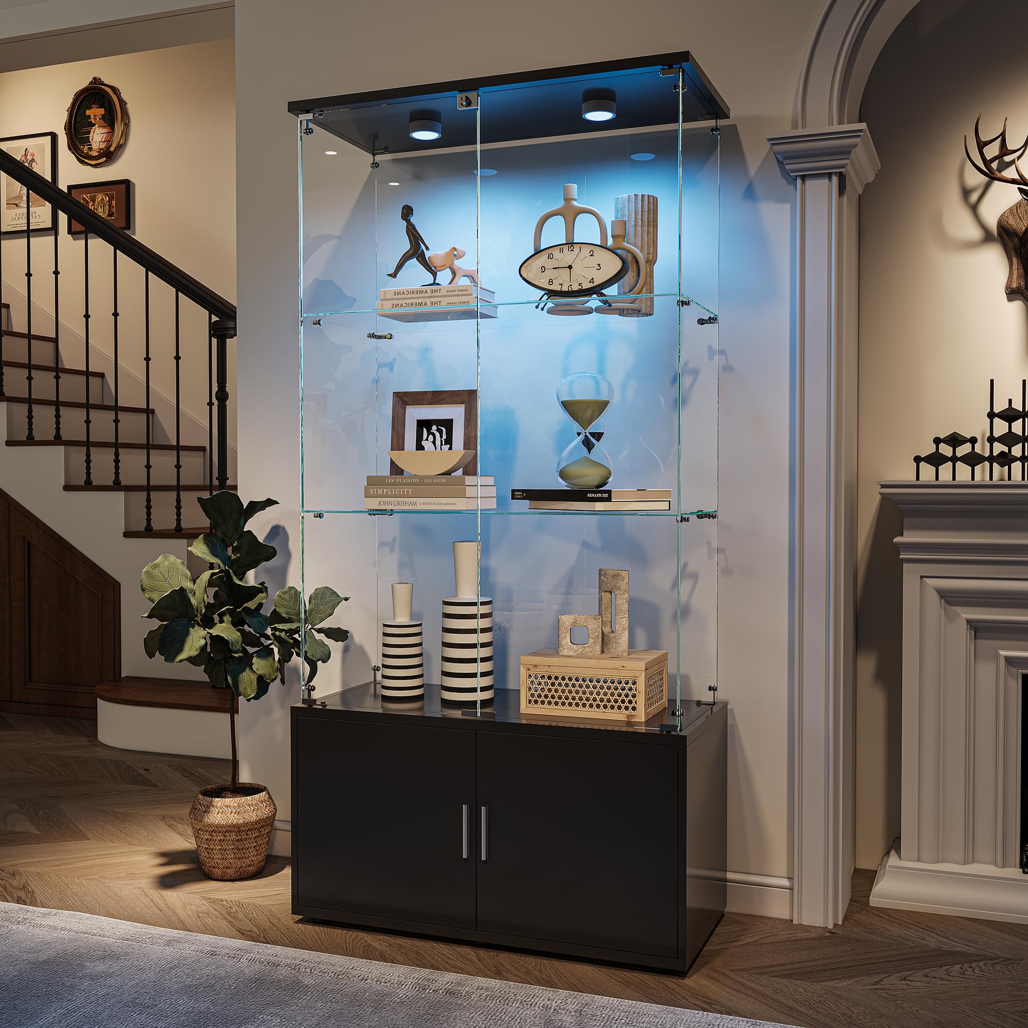 Vetrinetta in legno e vetro con illuminazione a LED, 4 ripiani e 2 ante con serratura, armadietto per esporre collezioni, libri e vini, nero (nero, 4 ante, 4 ripiani, con LED)