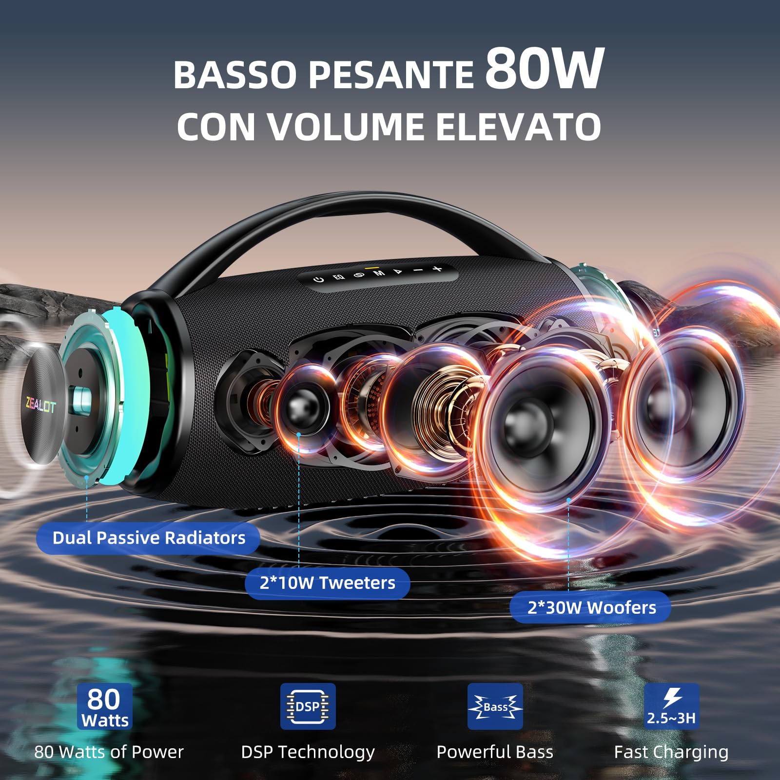 ZEALOT Cassa Bluetooth,80W Altoparlante Bluetooth con Bassi di Aumento,Impermeabile IPX6,Luce LED,Bluetooth 5.2,Cassa Bluetooth per Campeggio,Spiaggia,Regal