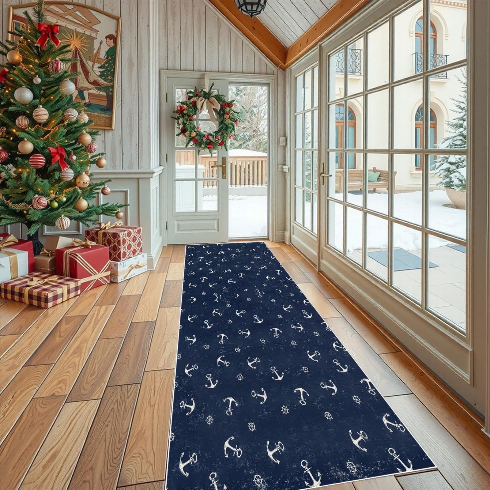 Nautisch Anker Maritim Steuerrad Teppich Läufer Flur Küche Waschbar rutschfest 60x150 cm, Küsten Muster Teppiche für Bettumrandung Schlafzimmer Teppichläufer für Küchenläufer Eingangsbereich