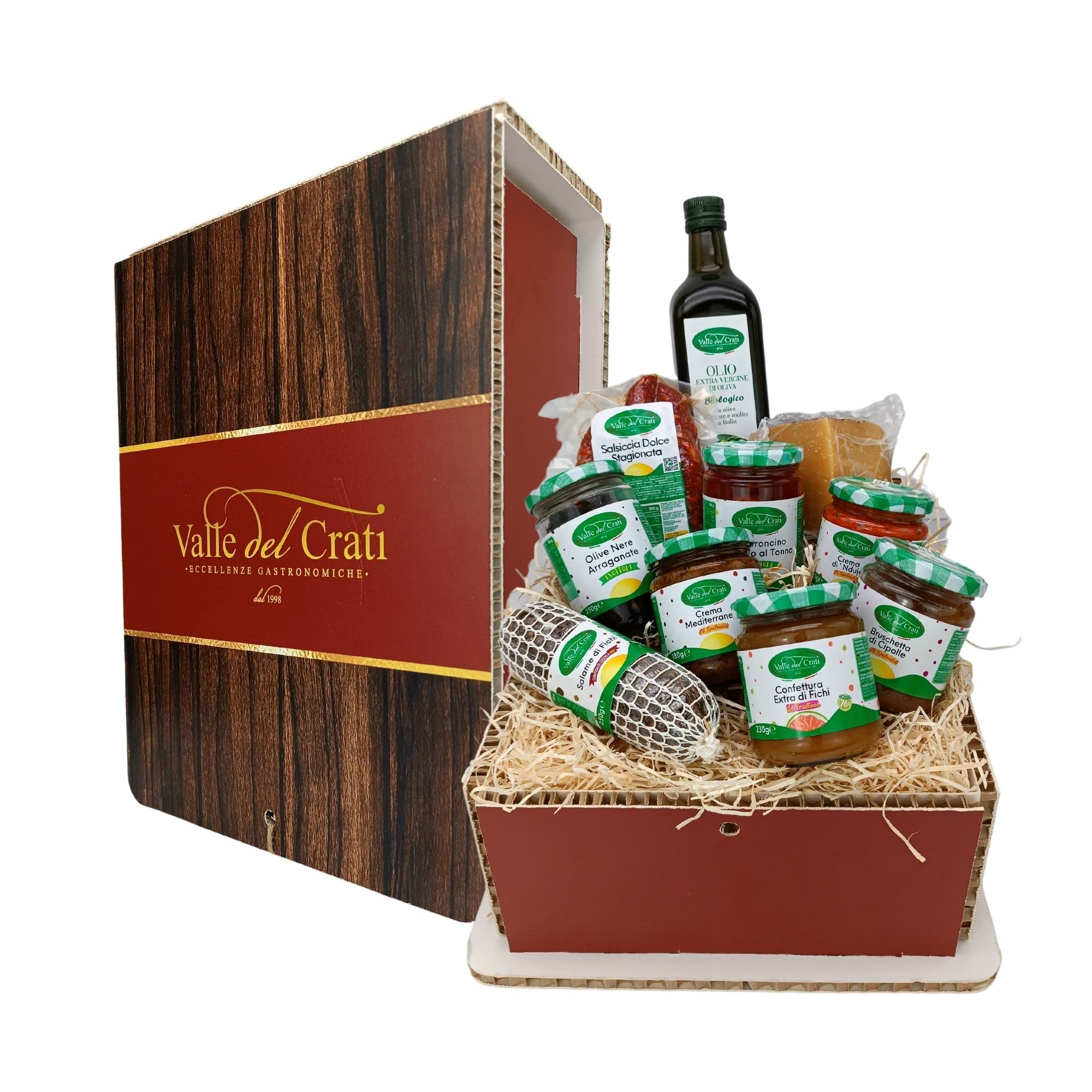 Valle del Crati Weihnachtskorb mit 10 Produkten | Weihnachtskorb mit BIO-Olivenöl, Salsiccia, Pecorino Käse, Nduja Creme, Feigensalami, Aufstriche, Gemüsekonserven und mehr | Weihnachtskorb