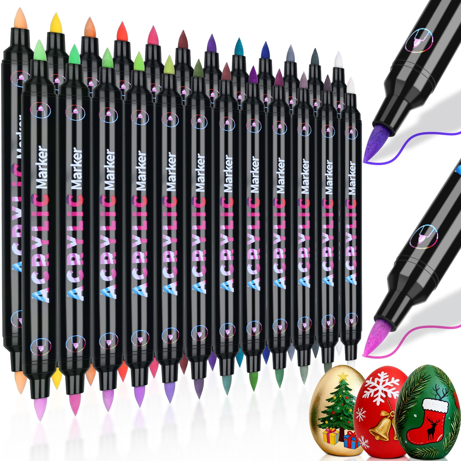 swihorab 48 Colors Acrylic Paint Pens, 24 Pack Dual Tone Acrylic Paint Pens Markers for Rock Painting Double Brush Tips Acrylic Markers for Christmas Decorations, Eggs, Wood, Glass