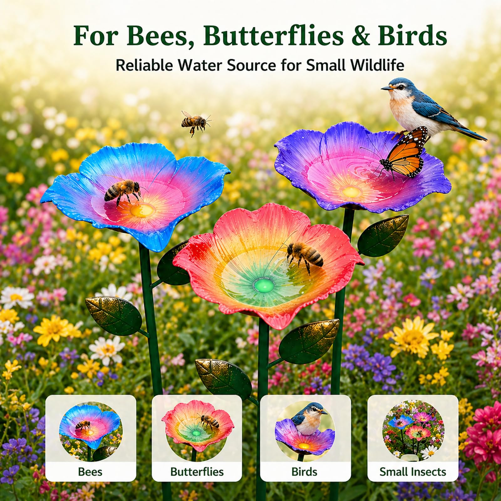Abreuvoir Abeilles Jardin, 15cm Grand Abreuvoir à Abeilles Métal en Forme de Fleur avec Tuteur, Station d'eau pour Abeilles, Insectes & Papillons, Décoration de Jardin Extérieur (3 pièces)