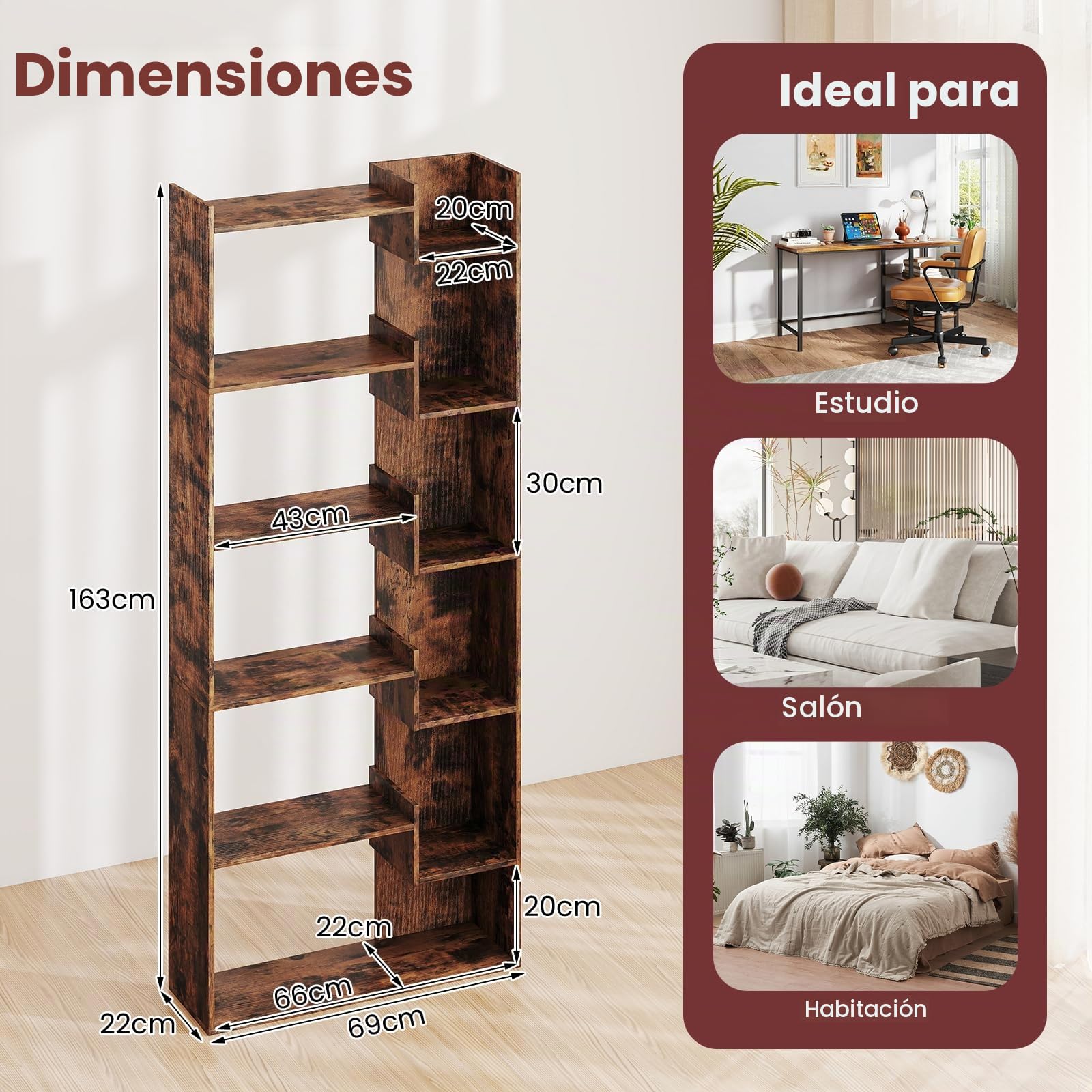HOMASIS Estanteria Libros de Madera, Librería de 6 Niveles, 11 Estantes de Exhibición Abierto, Libreria Salon Oficina Dormitorio, 69 x 22 x 163 cm Natural/Café/Blanco (Café)