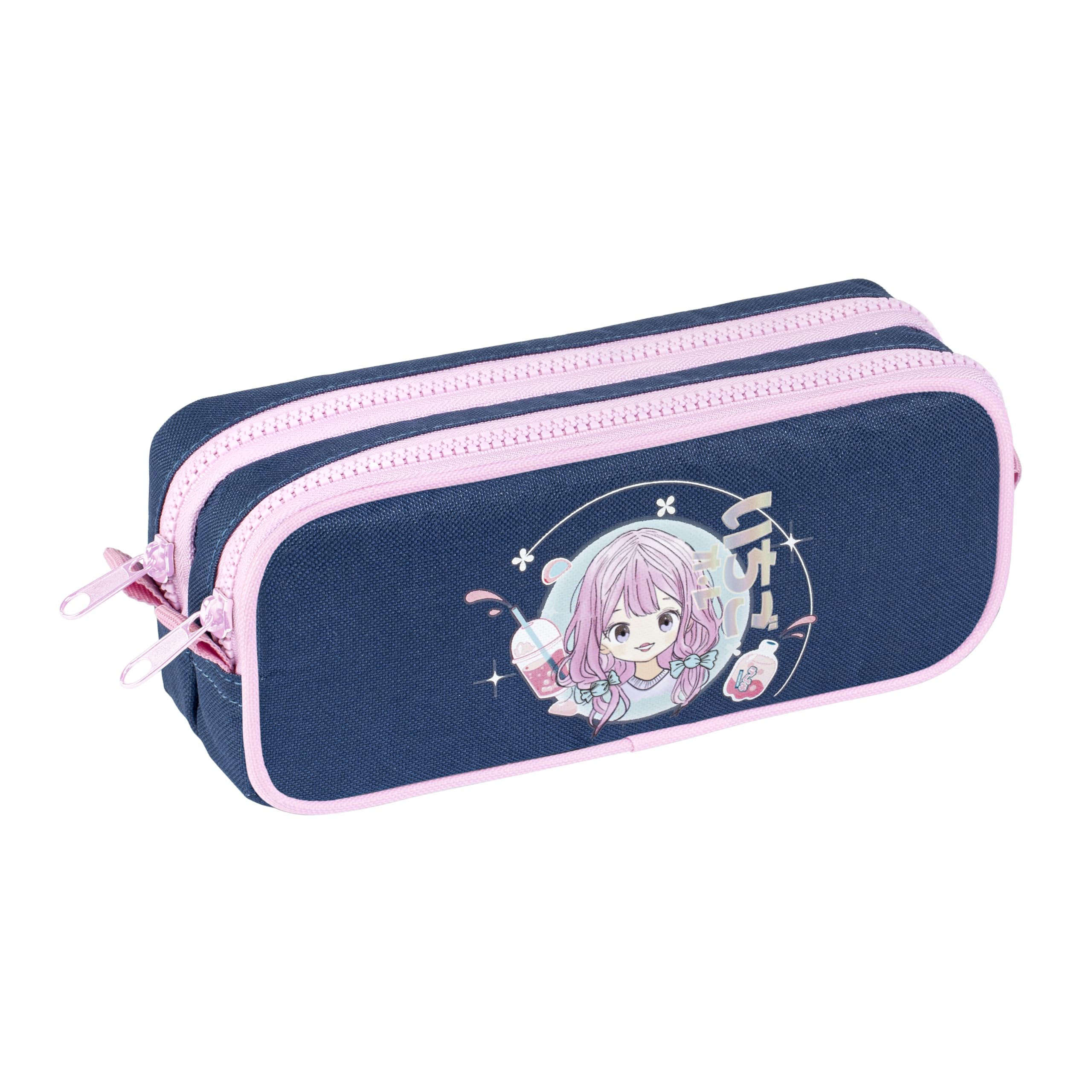 Viquel - Manga 2-Compartment School Pencil case - Practical Storage case for pens, Pencils and Accessories - Ideal for School and Leisure - Large Capacity Pencil case with Zip Closure - Blue