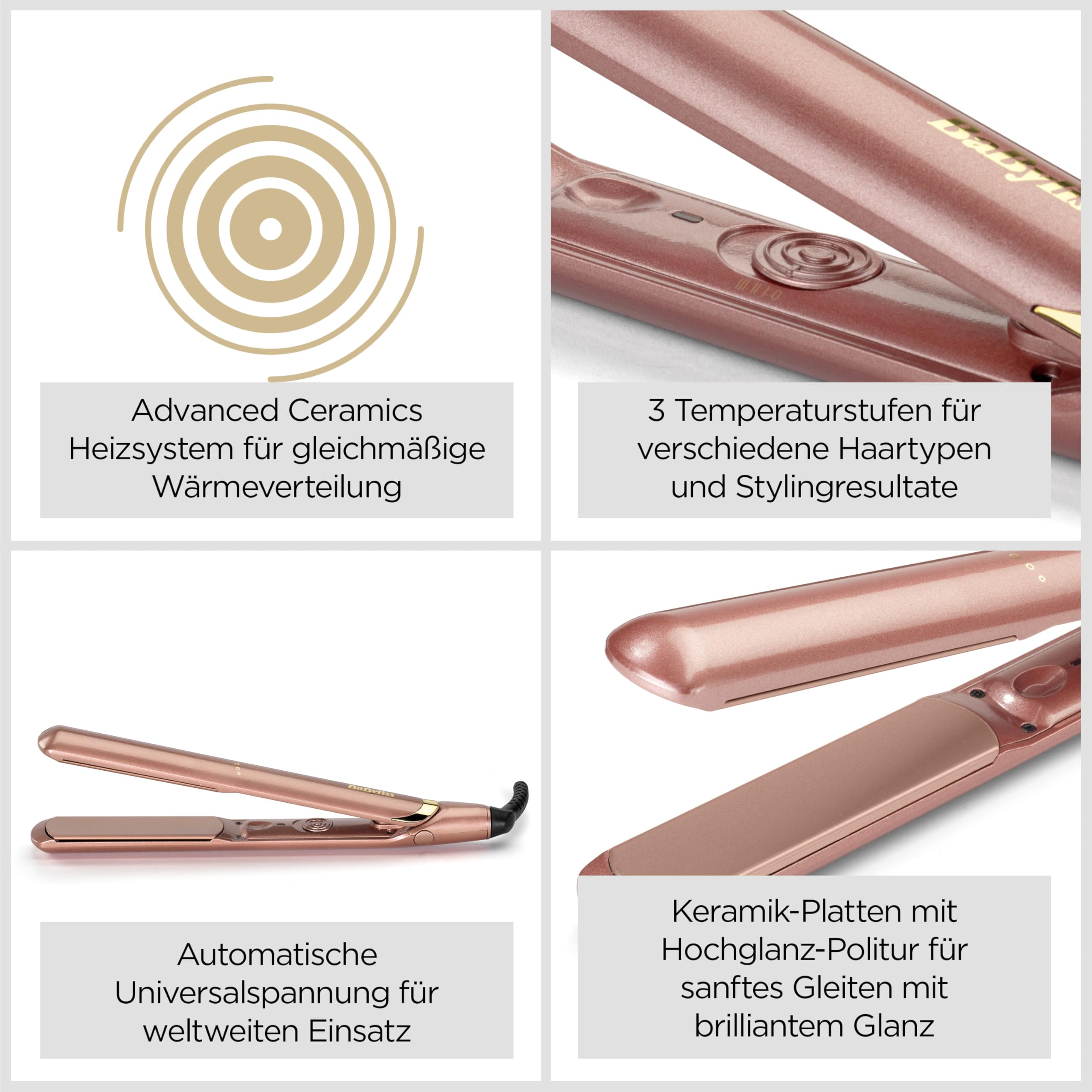 BaByliss Rose Gold Glätteisen - Keramikplatten für glattes Styling, Universalspannung für weltweiten Einsatz, ultra-schnelles Aufheizen in Sekunden, Temperatureinstellungen bis zu 235°C, 2598PE