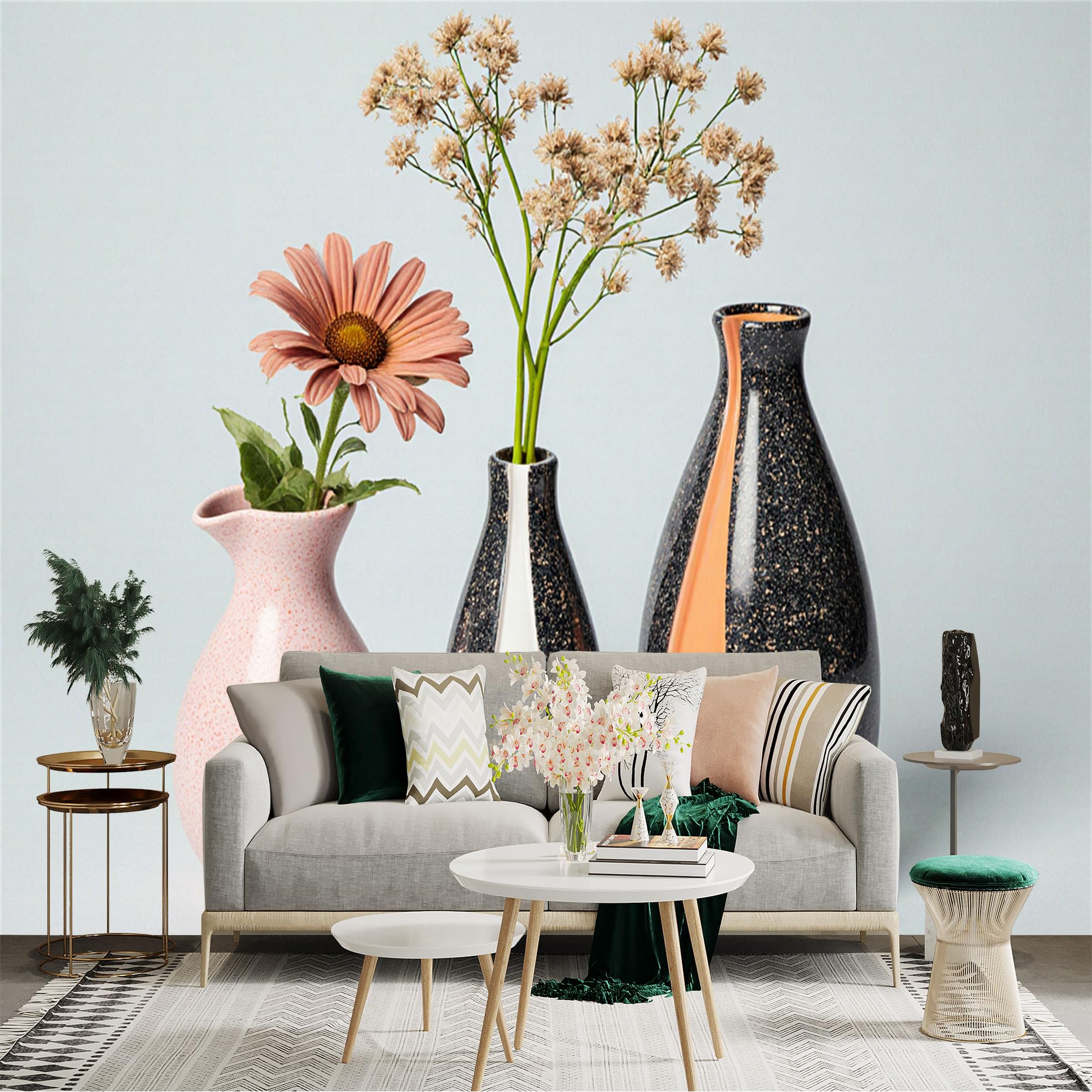 Custom Size Wall Sticker Mural， Modern Minimalist Ceramic Vases， Dried Flowers and Pink Daisy， Elegant Home Decor Art， for wall Decoration， peelandstick wall Decals.