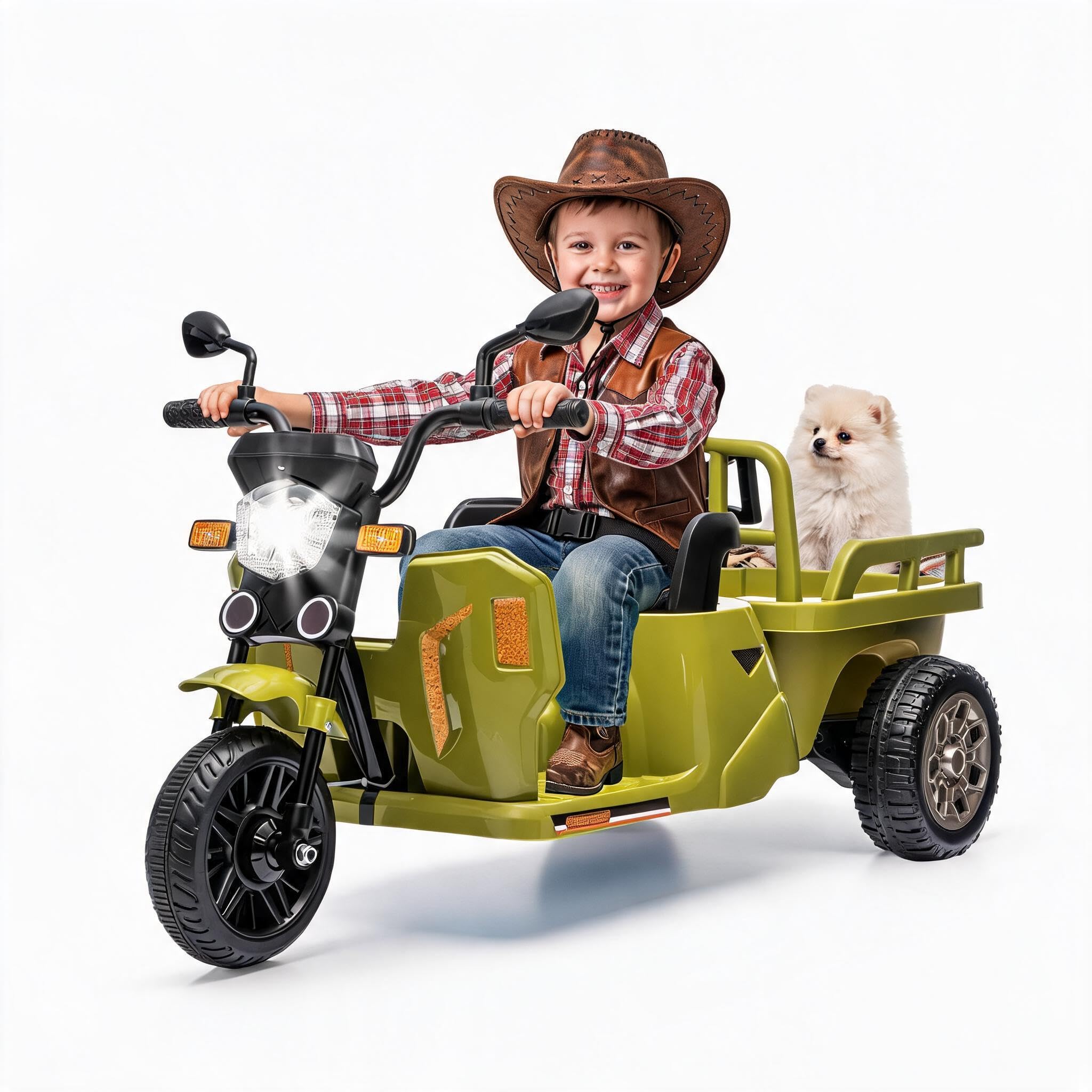 Kids Electric Motorcycle Ride-on ToyLED Lights Music Horn Dump Truck Storage Trailer for Ages 3-8 12V 3-Wheel Battery Powered Trike Green