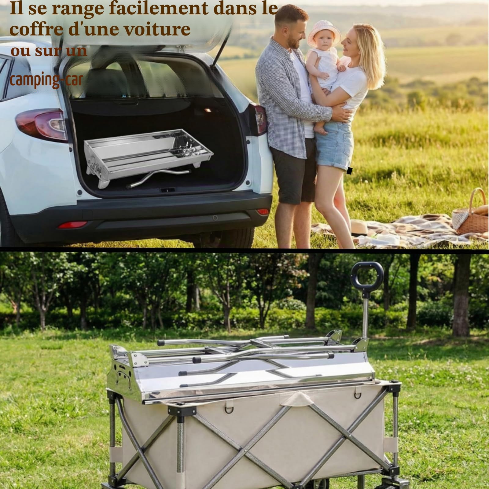 Barbecue à Charbon Pliant Portable, Grill Charbon de Bois XXL, BBQ de Table en Acier Inoxydable, avec Poêle à Frire, pour Barbecue de Jardin, Pique Nique et Camping, 5-10 Personnes, 118 x 33 x 72 cm