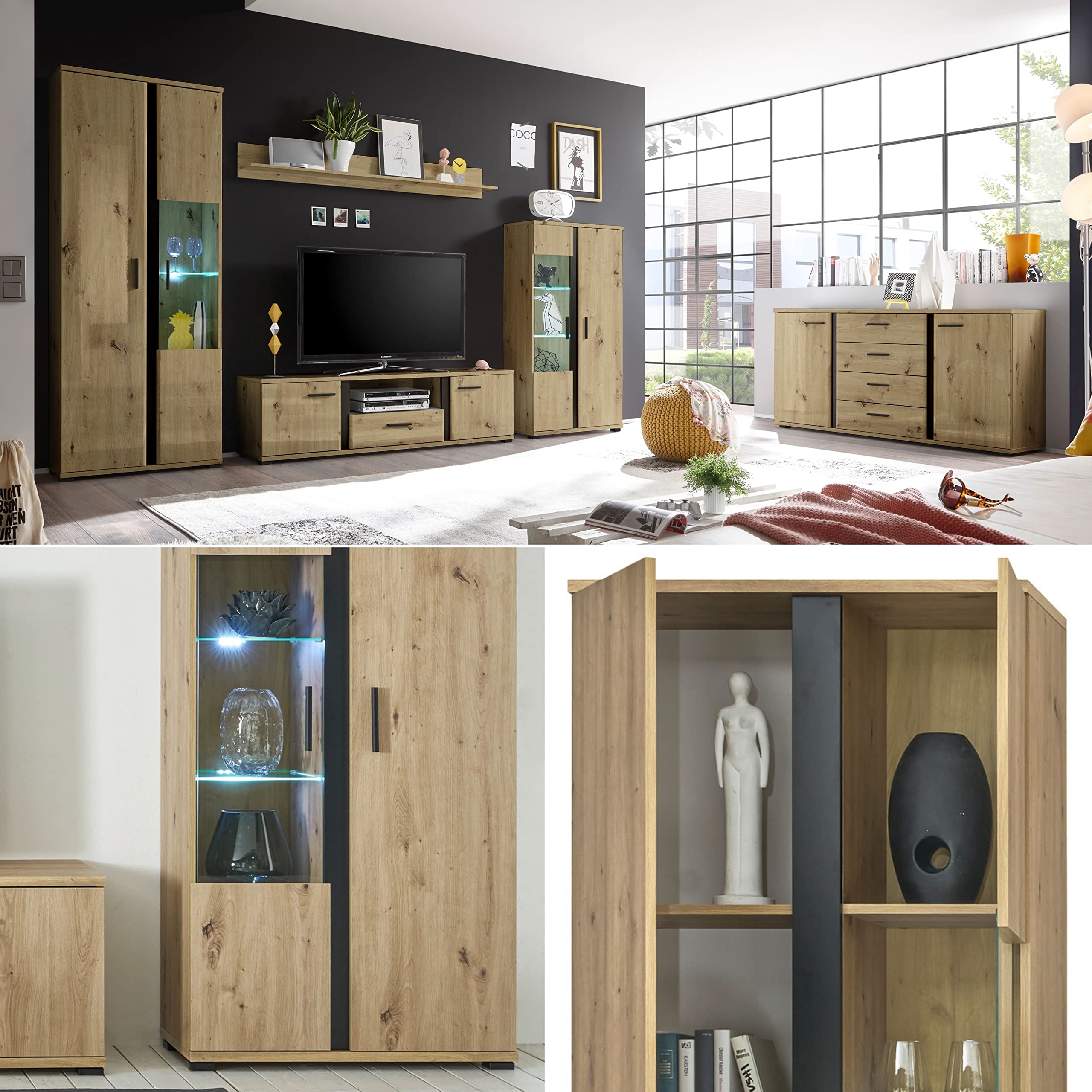 KANADA Wohnwand Komplett-Set in Artisan Eiche Optik, Schwarz - Moderne Schrankwand mit Beleuchtung für Ihr Wohnzimmer - 340 x 196 x 40 cm (B/H/T)