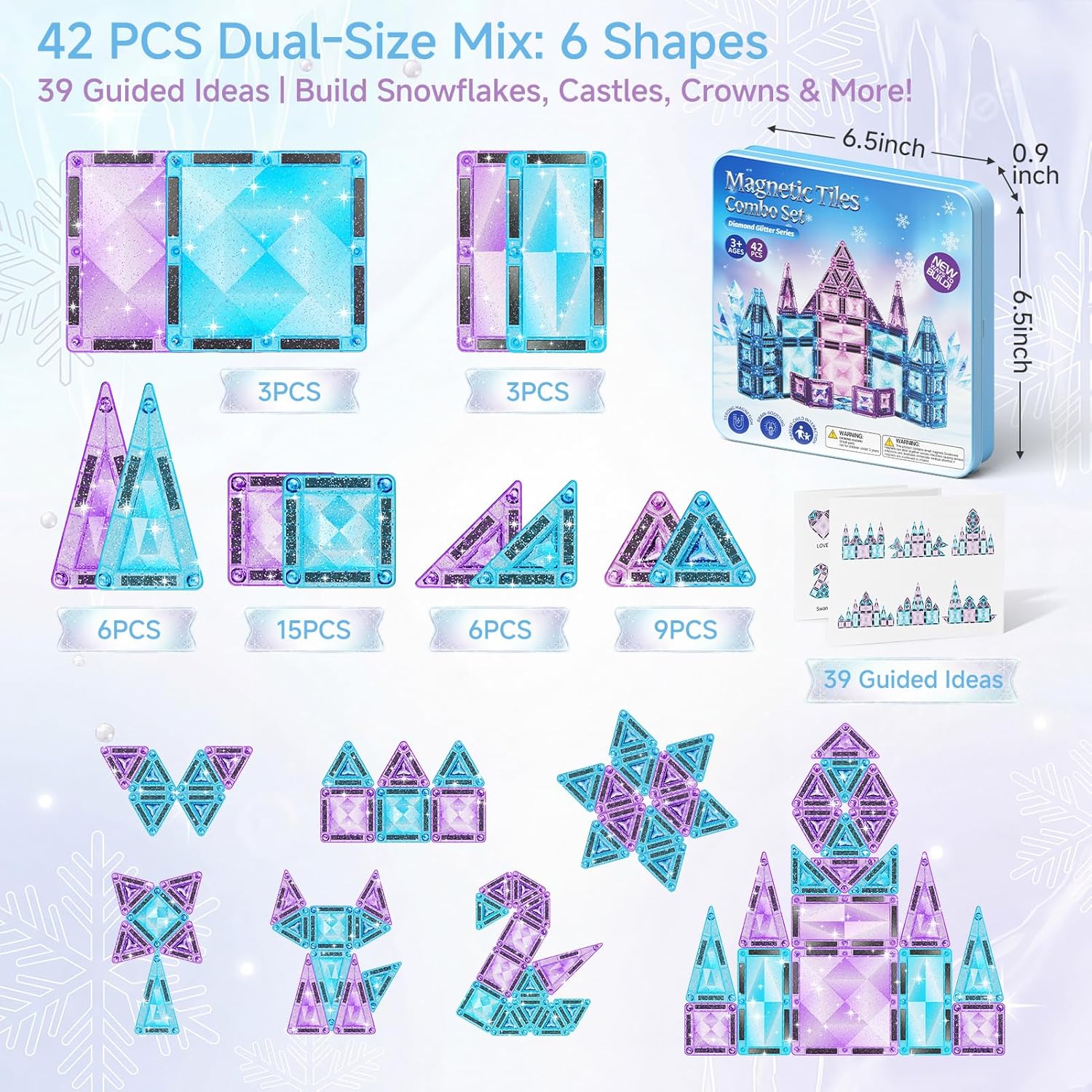 burgkidz Magnetic Travel Tiles for Kids 3-8: 42PCS Large & Small Ice Blue Purple Glitter Blocks – 2-in-1 Storage & Base – 90+ Min Quiet Play, 300+ Builds, 30s Cleanup – Car & Plane Toys for Girls
