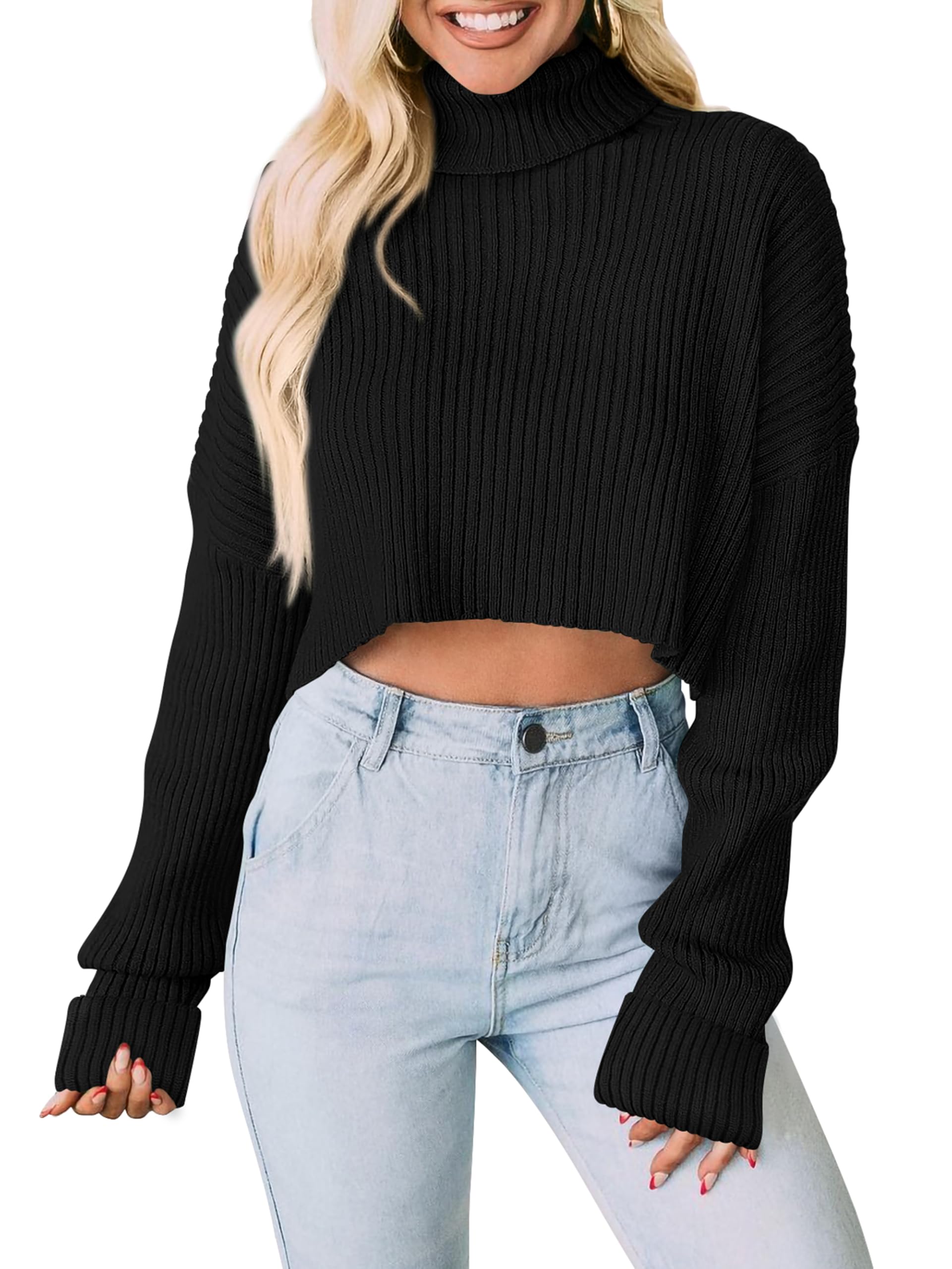 PRETTYGARDEN Womens Turtleneck Long Sleeve Cropped Sweater