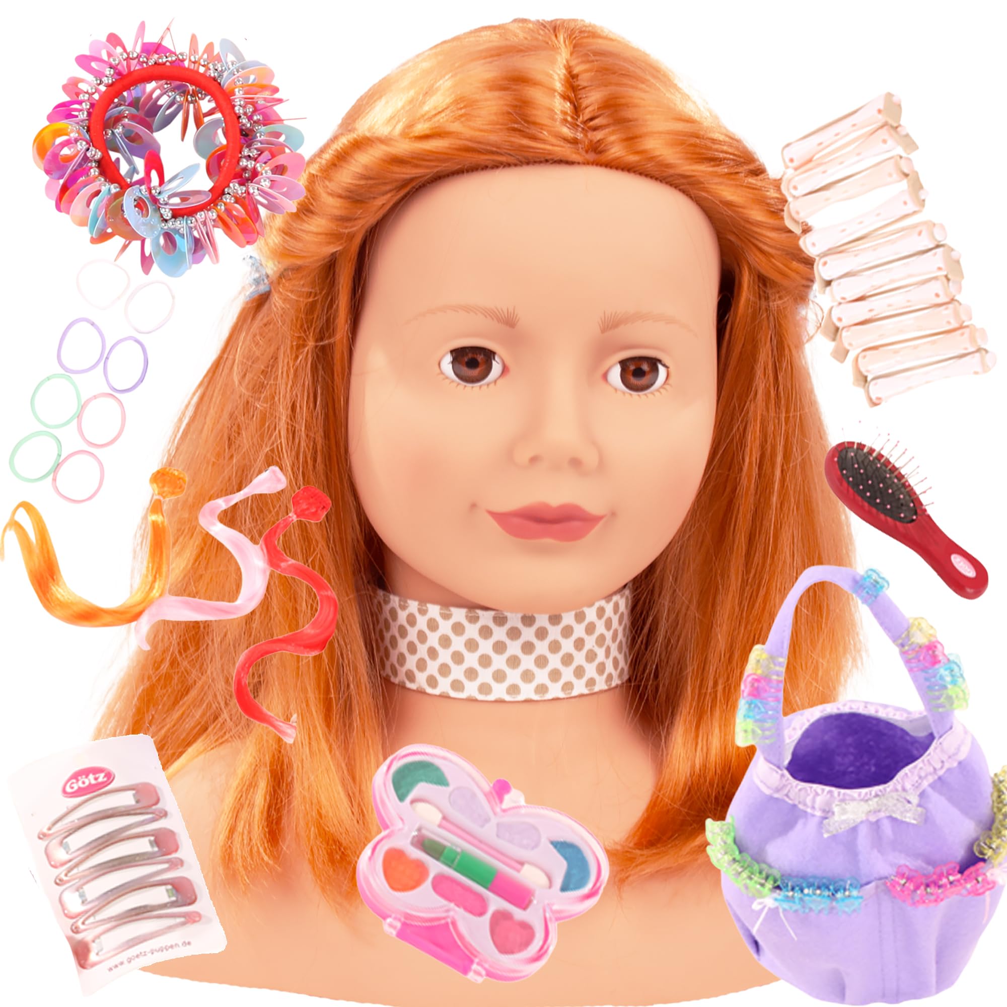 Götz 1192054 Haarwerk Schminkkopf rote Haare 28 cm Frisierkopf 57-TLG | braune Augen, für Kinder ab 3 Jahren, Make-up-Set, Stylingzubehör, kämmbar, standfest mit Saugnäpfen