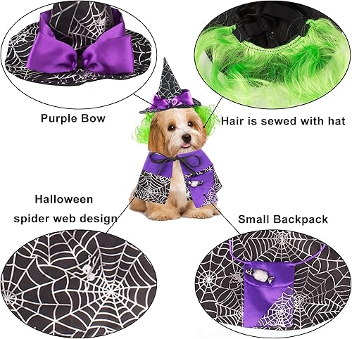 Miniatura 4 de ADOGGYGO Disfraz de Halloween para perro, color morado, disfraz de bruja para Halloween, con capa de gato, disfraz de sombrero de bruja para perros