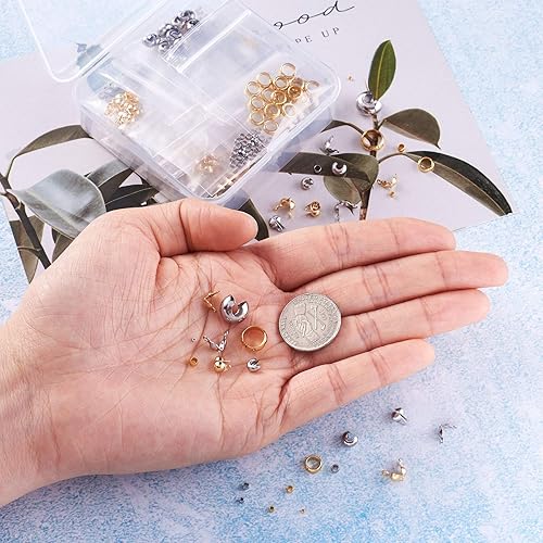 Miniatura 5 de Pandahall - Juego de 370 cuentas de acero inoxidable con cuentas de engarce abiertas, cubiertas de nudos, puntas de cuentas y cuentas de extremo de