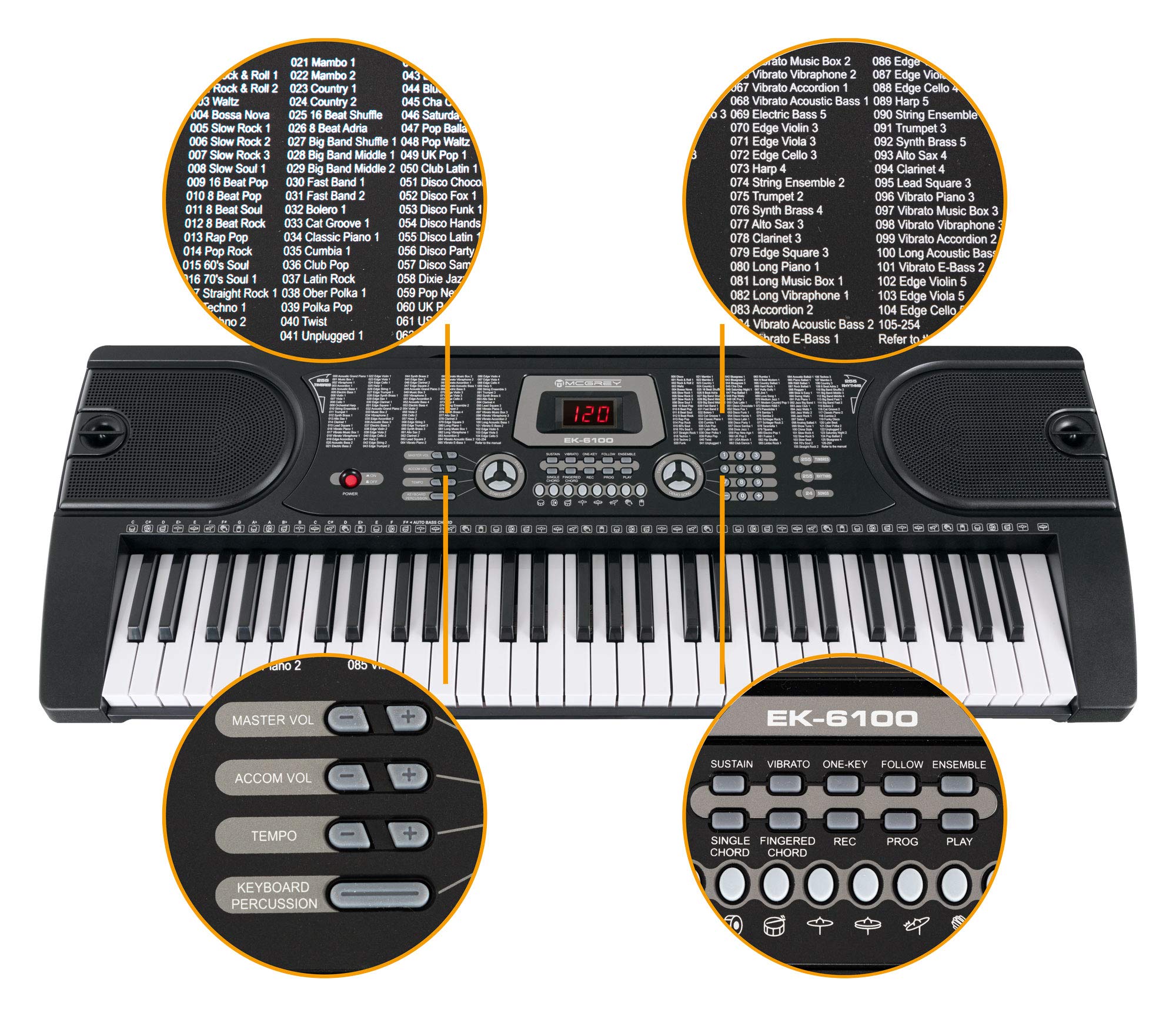McGrey EK-6100 Keyboard Safety Fix Set, Einsteiger-Keyboard mit 61 Tasten | LC-Display, 255 Sounds, 255 Rhythmen, 24 Demo Songs, 8 Drumssounds, Effekte: Vibrato, Sustain, Aufnahmefunktion, Sync, 9 kg
