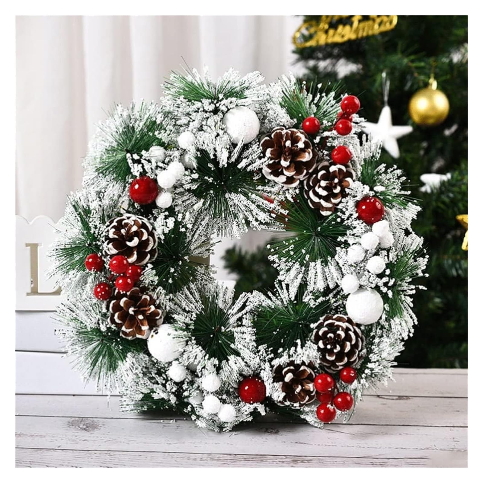 Wieniec świąteczny, sztuczny zimowy wianek na drzwi wejściowe z szyszkami, wzór padającego śniegu, 32 cm/12,5 cala
