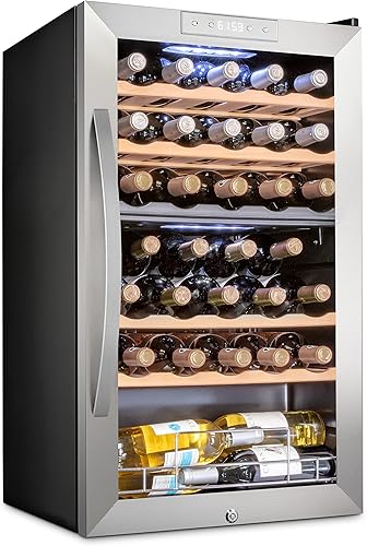 Schmécké Refrigerador de vino de doble zona de 33 botellas con cerradura, gran bodega independiente para vino tinto, blanco, champán y vino