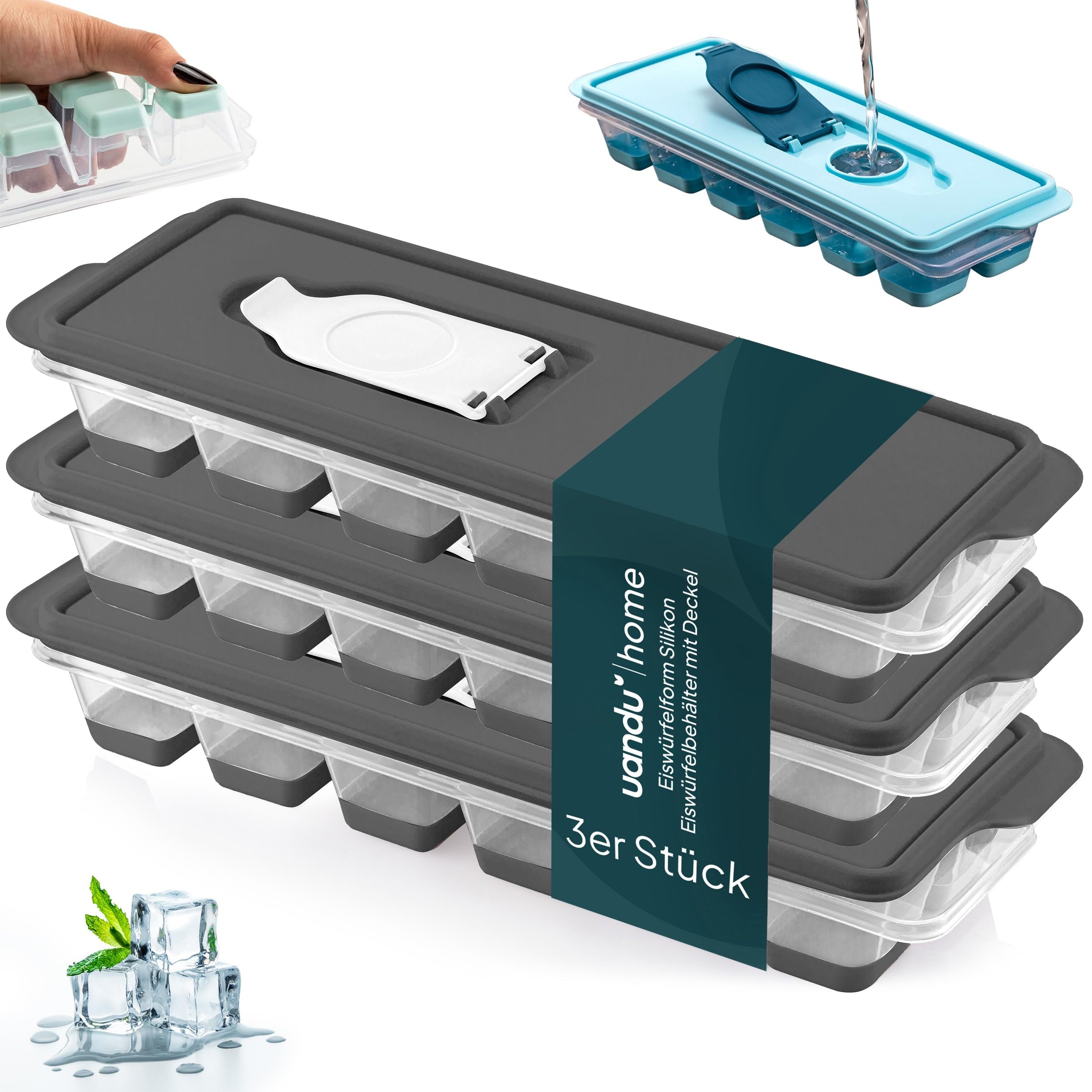 Uandu Bac à Glaçons En Silicone, Bacs à Glaçons Carrés Faciles à Retirer, Lot De 3 Moule à Glaçons Avec Couvercle, 12 Bac à Glaçons En Silicone, Certifié LFGB - Sans BPA