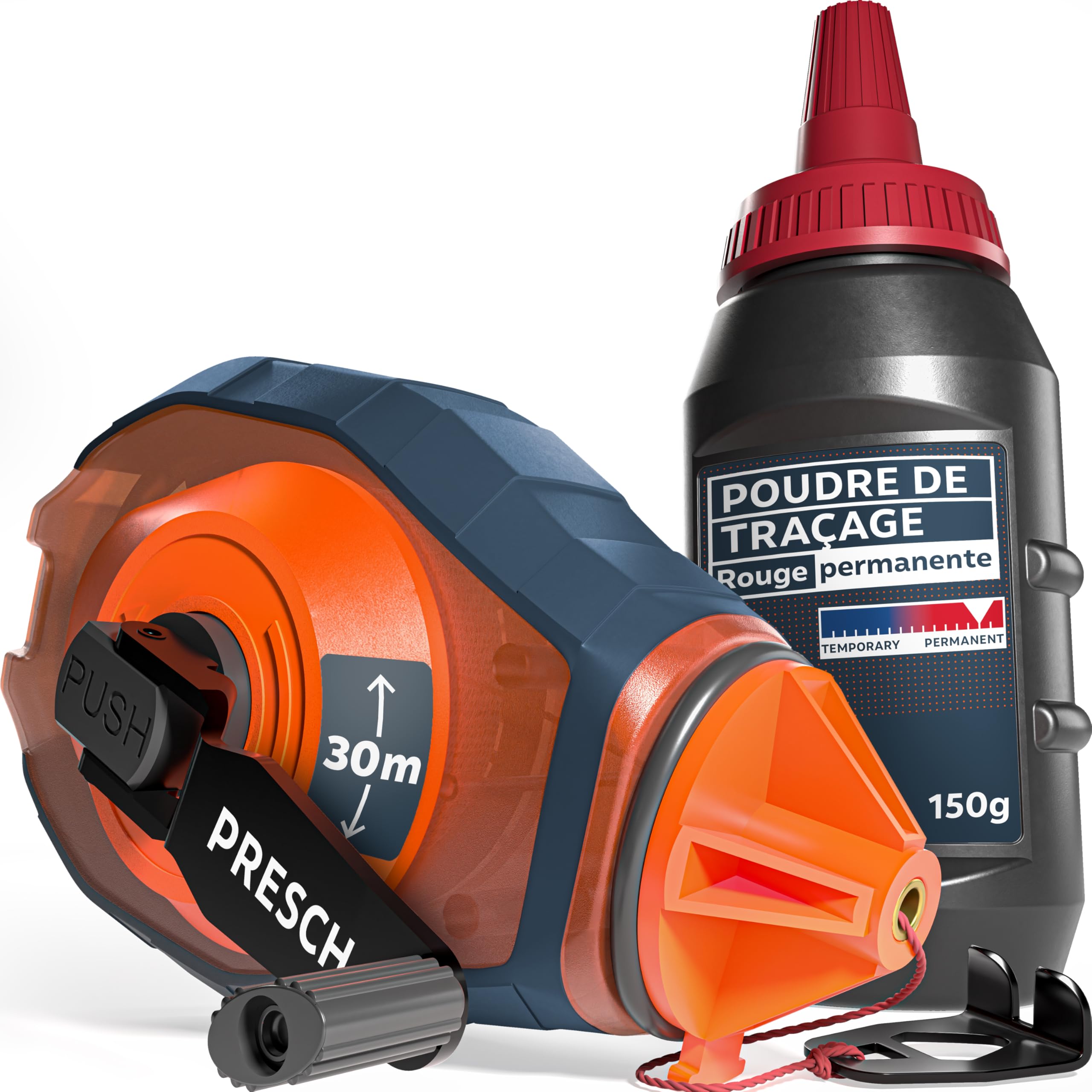 PRESCH Cordeau Traceur de 30m avec craie rouge (150 g) - Dévidage rapide grâce à l'engrenage 6:1 - Hydrofuge et durable - Ligne robuste pour des lignes précises