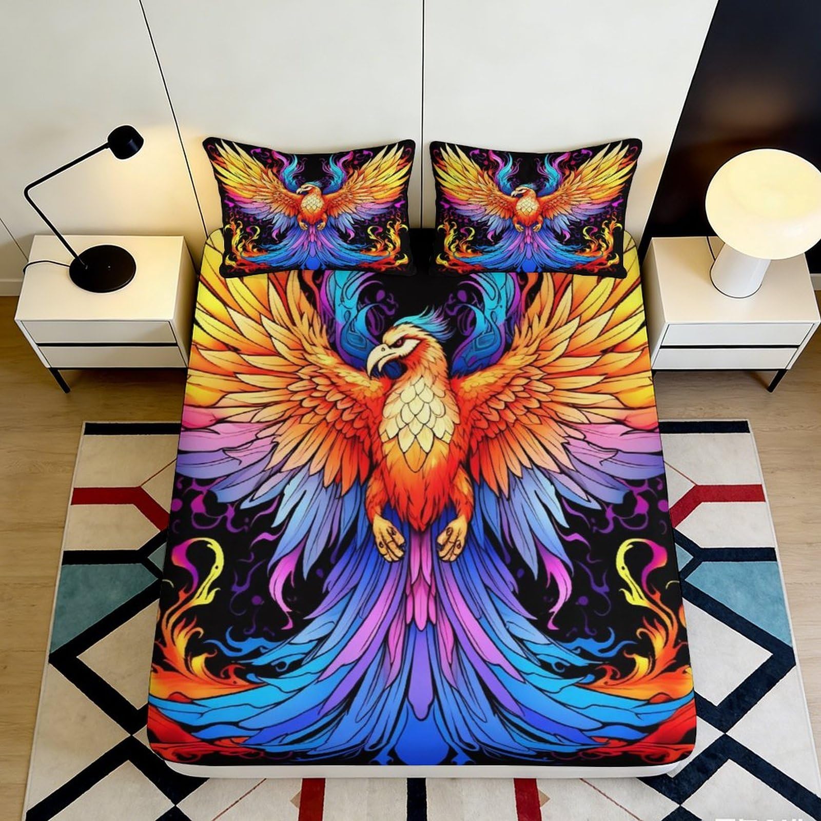 3D Printed Vibrant Phoenix Fitted Sheet Microfiber Soft Multicolour Fire Bird Mattress Cover for Bedroom Dorm Decor 90x200x25cm