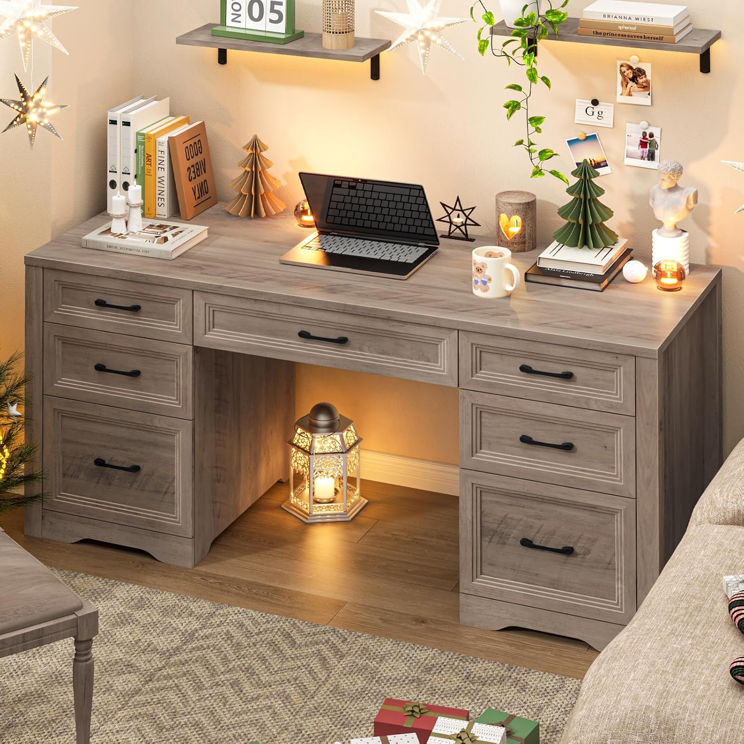 Halitaa Farmhouse Executive Desk, Wood Home Office Desk with 2 Large File Drawers and 5 Storage Cabinets, Rustic Writing Desk for Work and Study, Grey