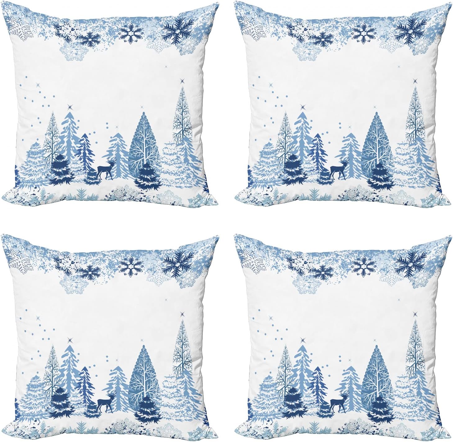 Ambesonne Winter Throw Pillow Cushion Case Pack of 4, Cold Scene Deer Frozen Trees and Snow Christmas Season Pine Trees Bushes, Modern Accent Double-Sided Digital Printing, 20", Blue White