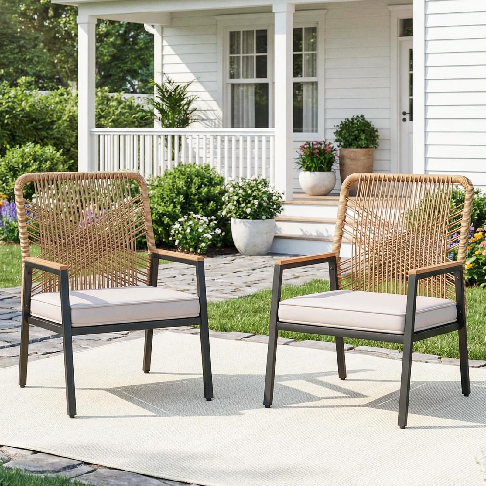 LIFERUN Gartenstuhl aus Korbgeflecht, Gartensessel, Balkonstühle Metall und Rattan, mit 8 cm dicken Sitzkissen, Sturdy Metal Frame & WPC Armrest, für Terrasse, Garten und Veranda
