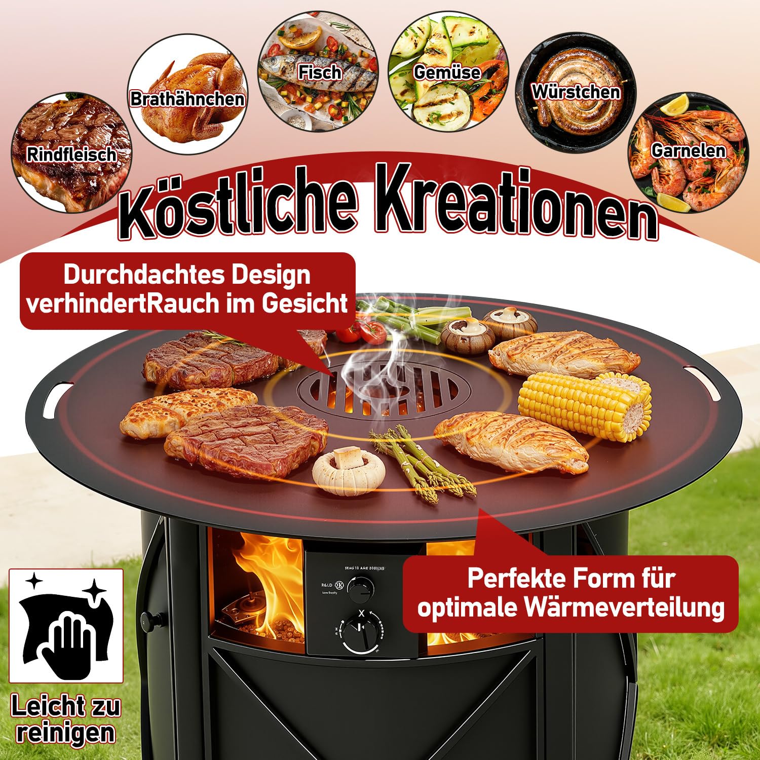 Feuerplatte 80 cm aus Carbonstahl, 5 mm stark, mit herausnehmbarem Grilleinsatz und Hitzeschutzhandschuh, passend für Feuertonne, Feuerschale und Feuerstelle