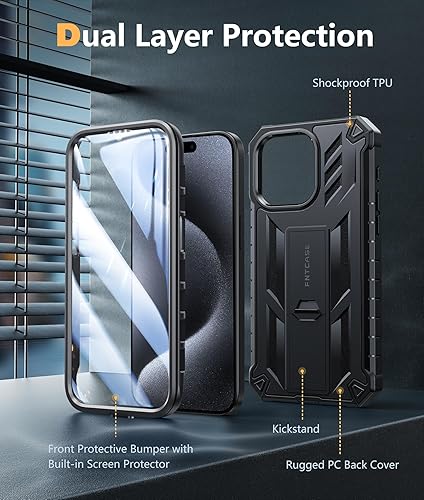 Miniatura 7 de FNTCASE Funda para iPhone 15-Pro-Max Cubierta protectora resistente de grado militar a prueba de caídas para teléfono celular con soporte y