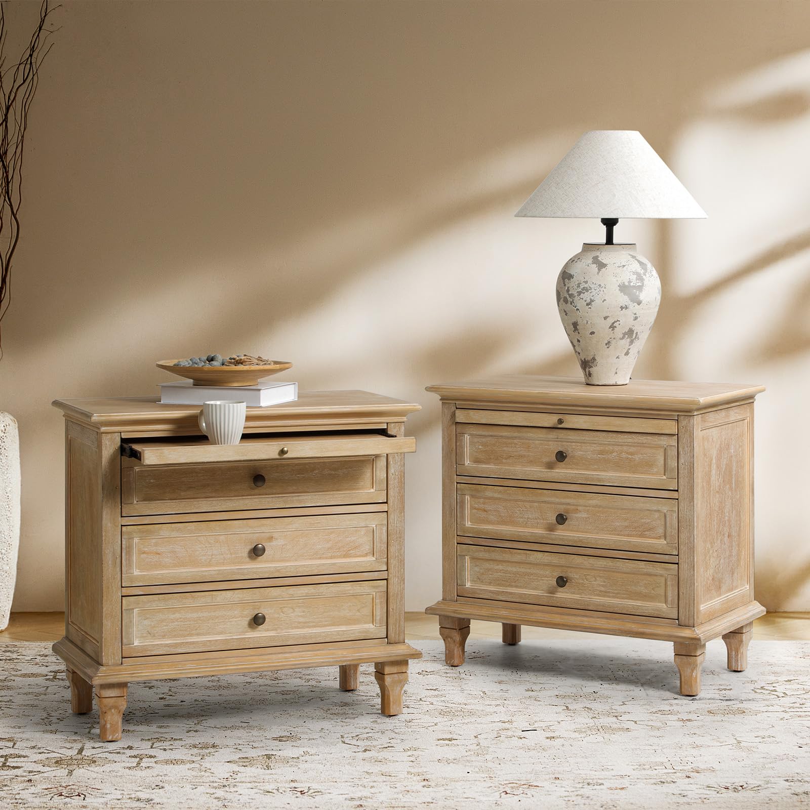 HULALA HOME Farmhouse 3 Drawer Nightstand with Tray, Drawer Organizer with Solid Wood Legs, Nightstand with Charging Station(Set of 2, Natural)
