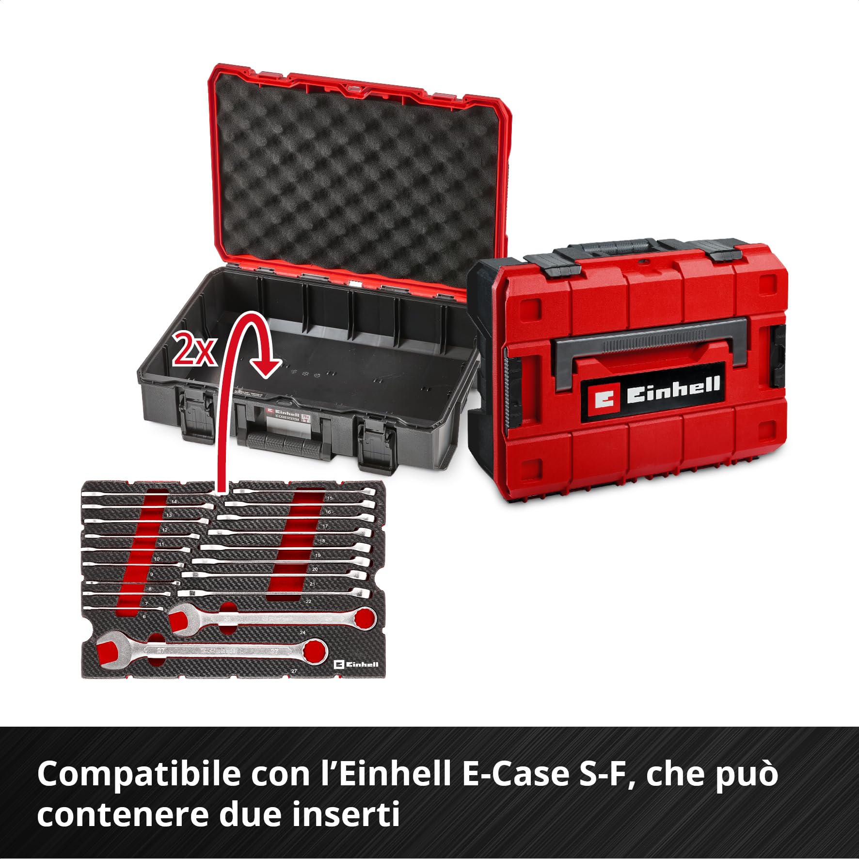 Original Einhell E-Case Pad 19 pezzi chiavi combinate (Ø 6–27 mm, profilo 12 lati, acciaio cromo-vanadio, finitura satinata, inserto EVA, sistema E-Case)