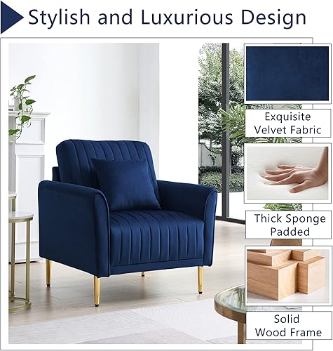 Miniatura 4 de Tmosi Moderno sofá individual de terciopelo, sillón decorativo con almohadas de respaldo extraíbles, silla moderna Arm Club Leisure con patas de