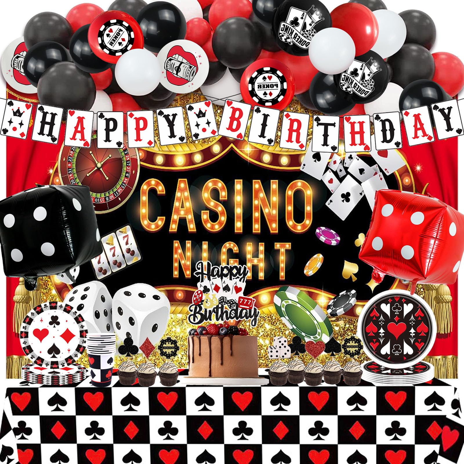 YIGZAG 81 PCS Casino Theme Party Decorations,Las Vegas Party Decorations Include Backdrop,Tablecloth,Balloons,Banner,Cake Topper,Cupcake Toppers,