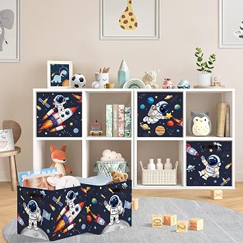 11.8 Storage Basket Set of 3 Kid Toy Storage Bin | Collapsible Fabric, Metal Frame & Bottom Board, Closet Nursery Pantry Shelf Bedroom, Blanket Clothes Book Gift, Space