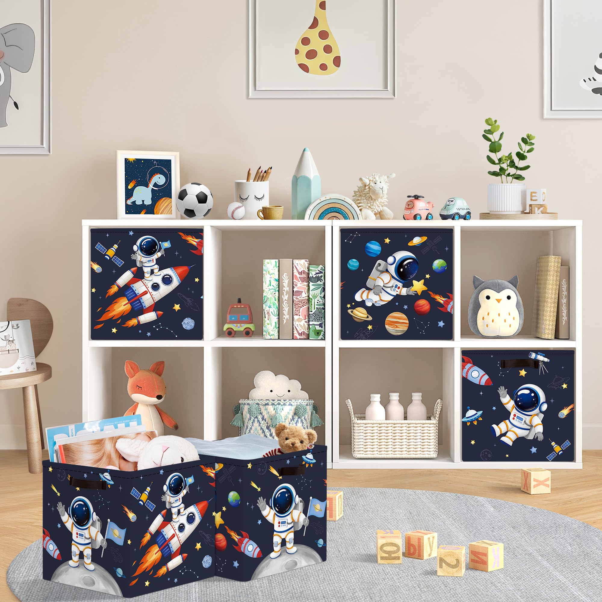 HUUMONSS 11.8" Outer Space Storage Cube Organizer Set 3Pcs Clothes Storage Basket Bin for Home Astronaut Rocket Kid Book Toy Chest Blue - Image 2