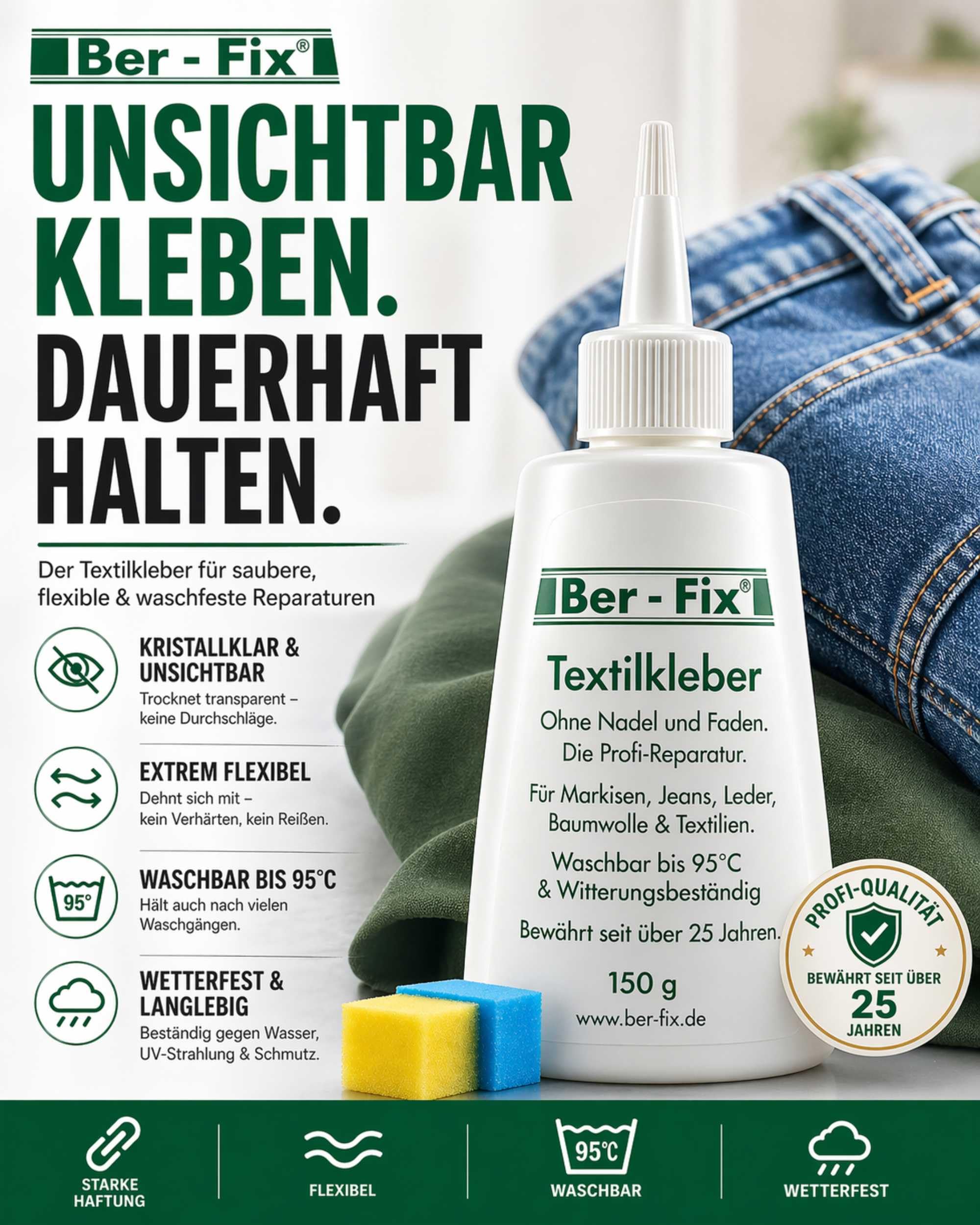 Ber-Fix Textilkleber - Stoff & Markise (40g) | Textilkleber für Stoff, Jeans, Saum, Flicken und Bastelarbeiten; Klebeprobe bei Beschichtung empfohlen.