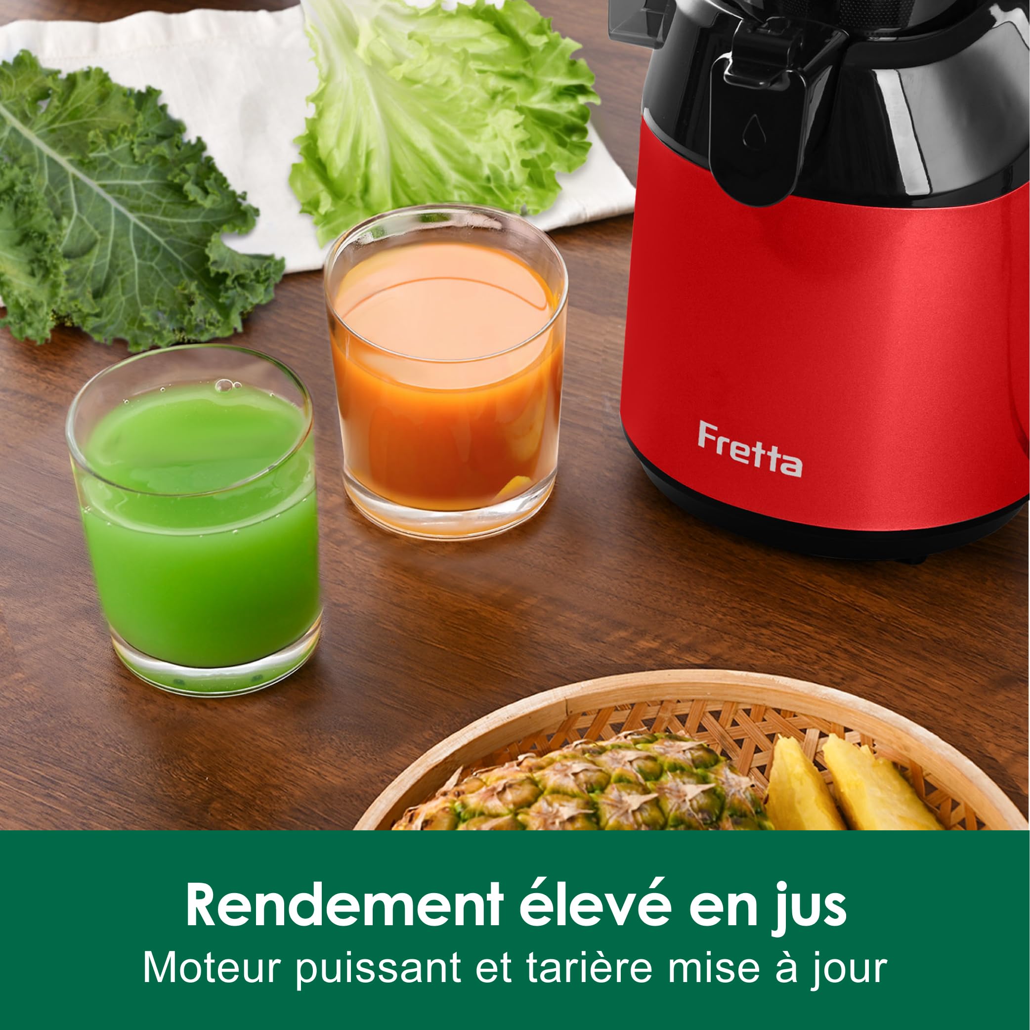 Fretta Extracteur de jus Max, Extracteur de jus de fruits et légumes, Slow Juicer Grand diamètre de 135 mm, 1.8L pressé à froid, Sans BPA, Rouge