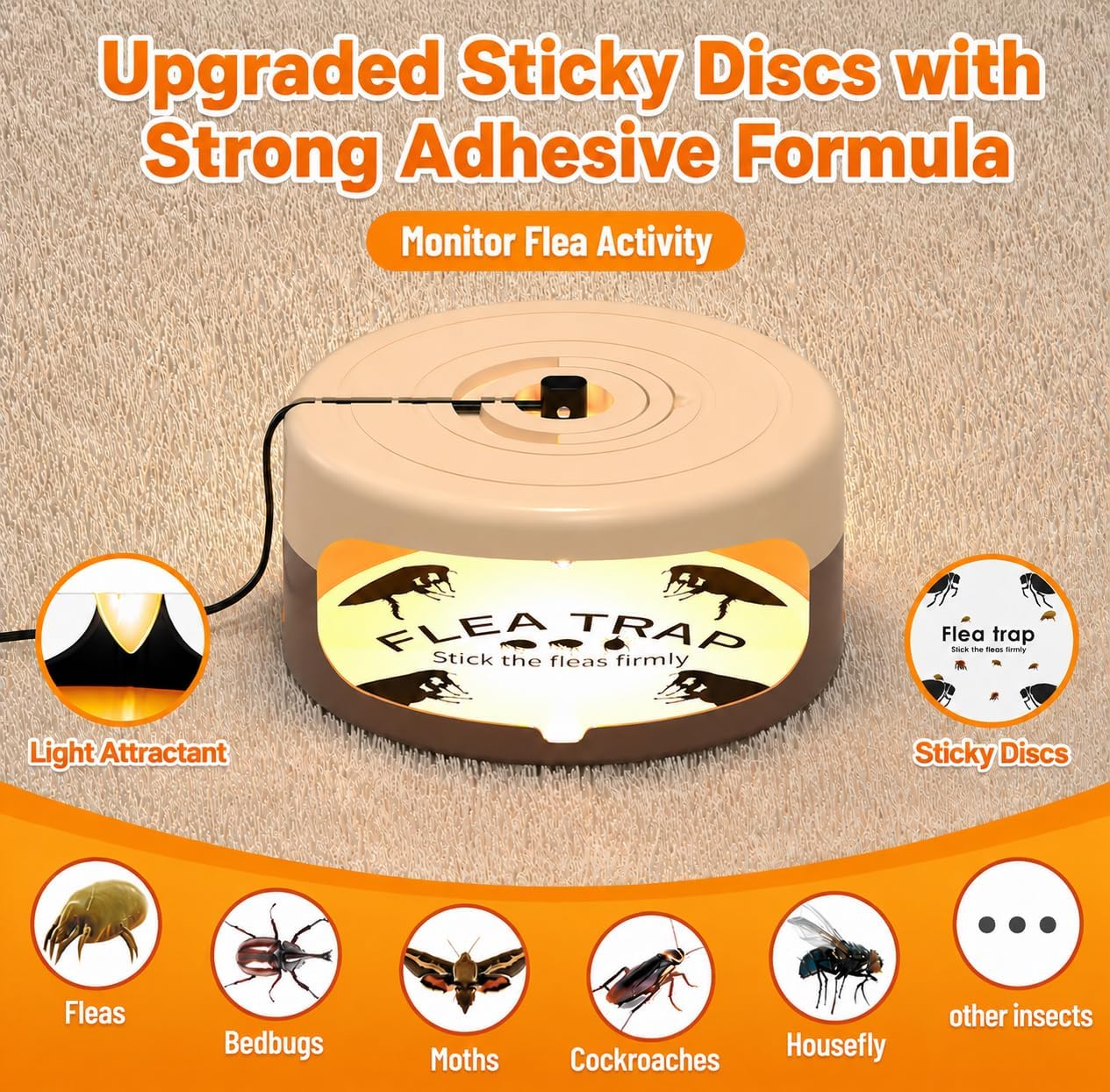 Condition photo showing New/Like New for 2 pack flea traps for inside your home, indoor flea traps with 8 sticky pads, flea monitoring trap for home, sticky insect catcher for fleas, moths & gnats coffee brown