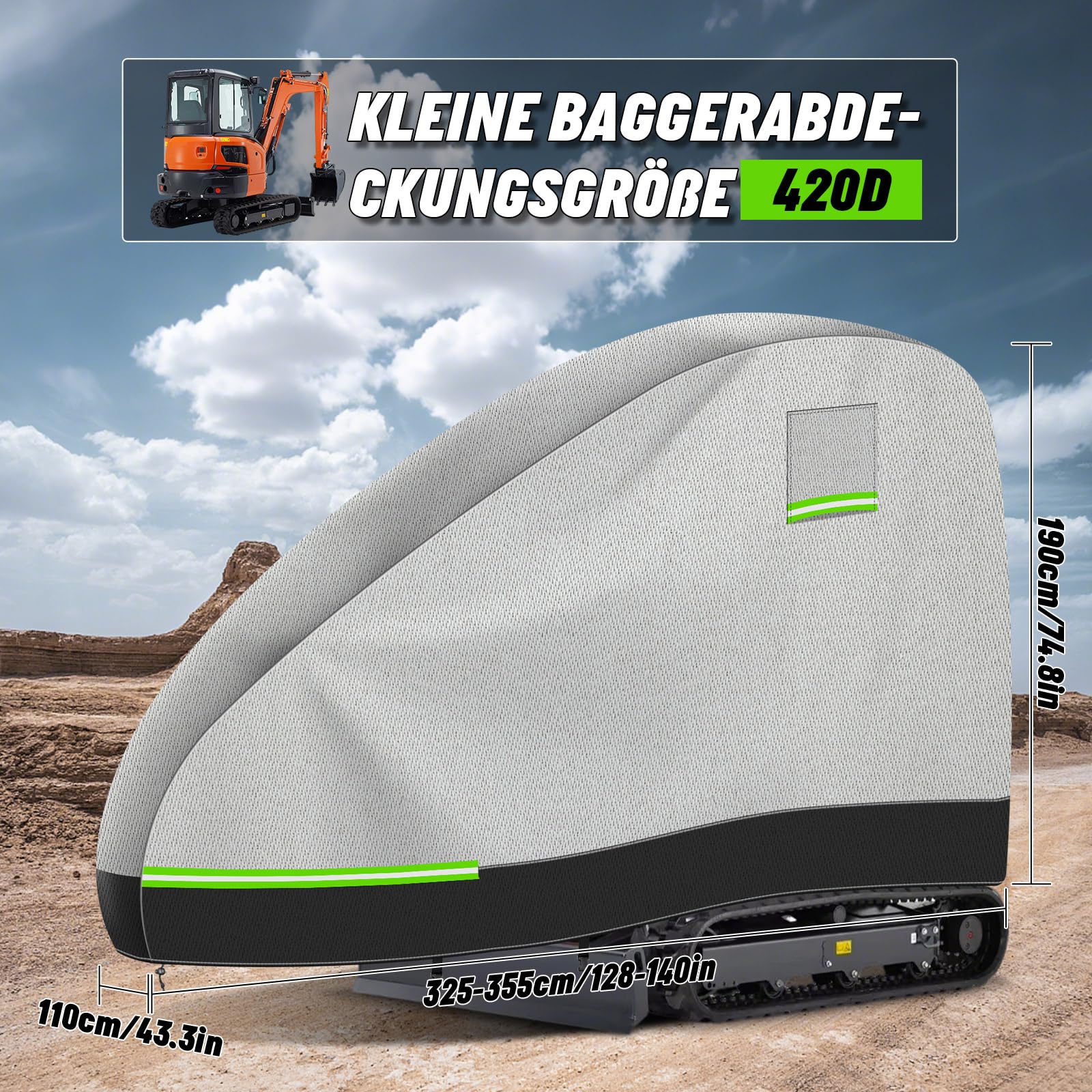 Housse Mini Excavatrice, 420D PU Imperméable Respirante pour 800-1600kg avec Fenêtre d'Aération, Fermeture éclair, Réflecteurs, Boucles Coupe-Vent et Cordon de Serrage, Bâche D'Excavatrice