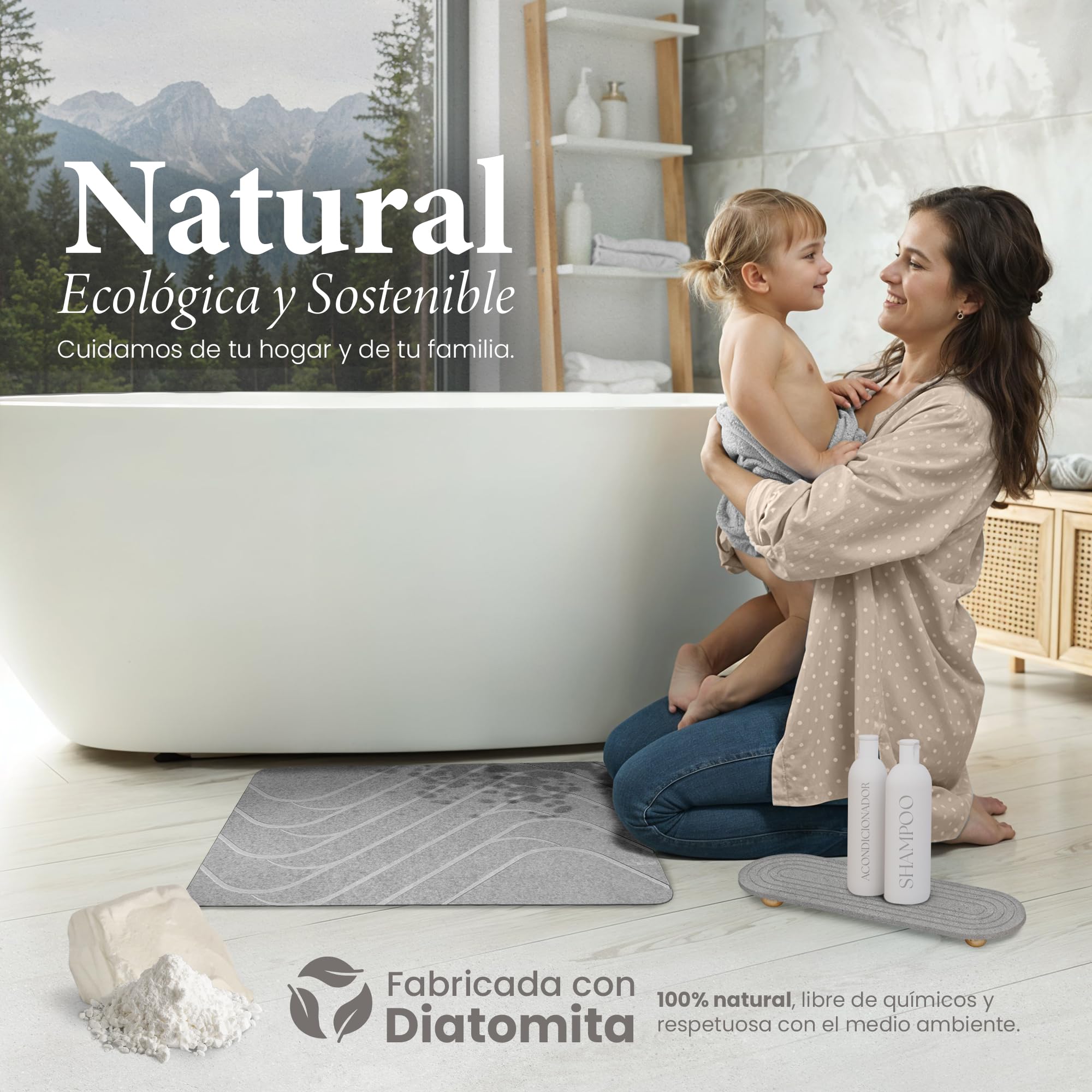 Alfombra Diatomita Baño 60×39 cm de Secado Rápido – Set con Accesorios, Alfombrilla Diatomita Antideslizante, Absorbente e Higiénica – Alfombra Baño Piedra Ideal para Ducha y Baño