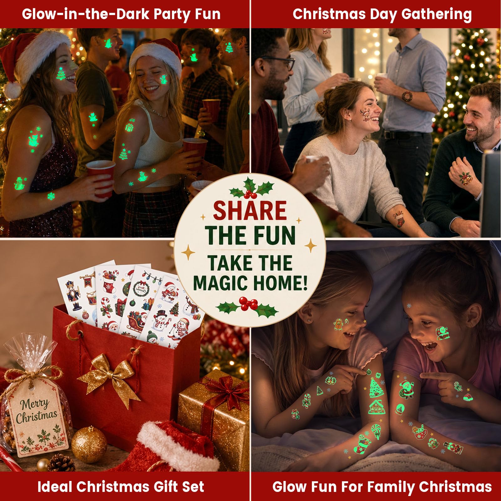 LovesTown 150PCS Christmas Glow in the Dark Temporary Tattoos, 20 Sheets