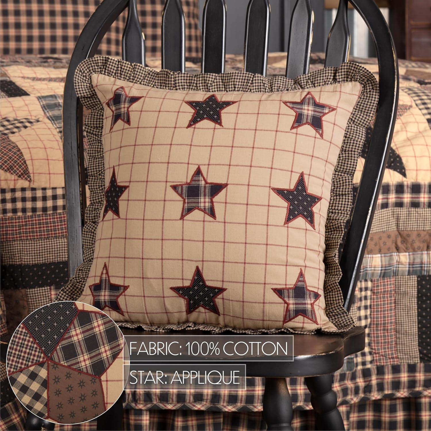 VHC Brands Bingham Star Fabric Pillow with Applique Stars 16x16 Country Bedding Accessory, Soft Black and Tan