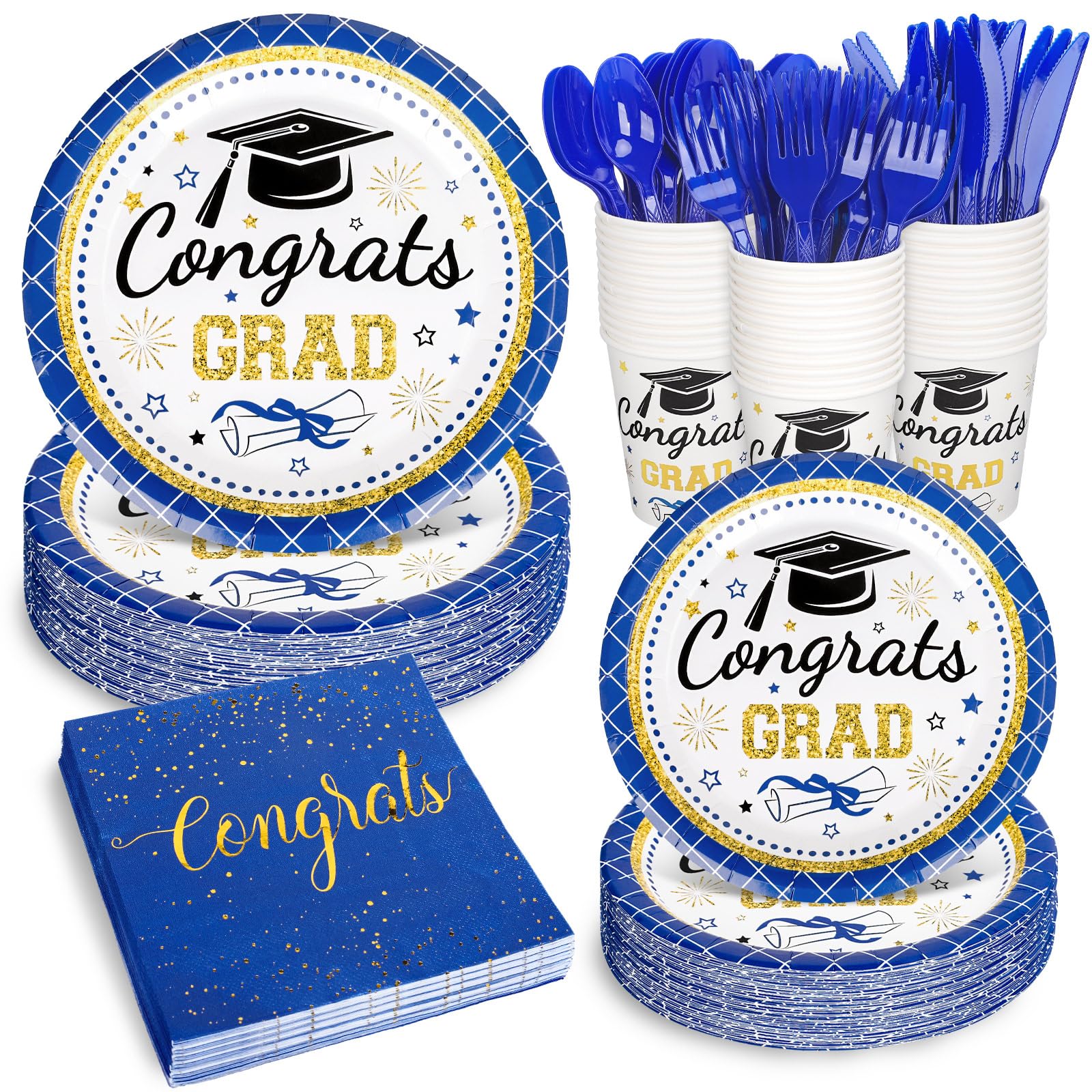 Whaline 175 Pcs Graduation Party Supplies, Paper Plates and Napkins Set, 25 Guests Blue Congrats Grad Disposable Tableware Include Plate Napkin Cup