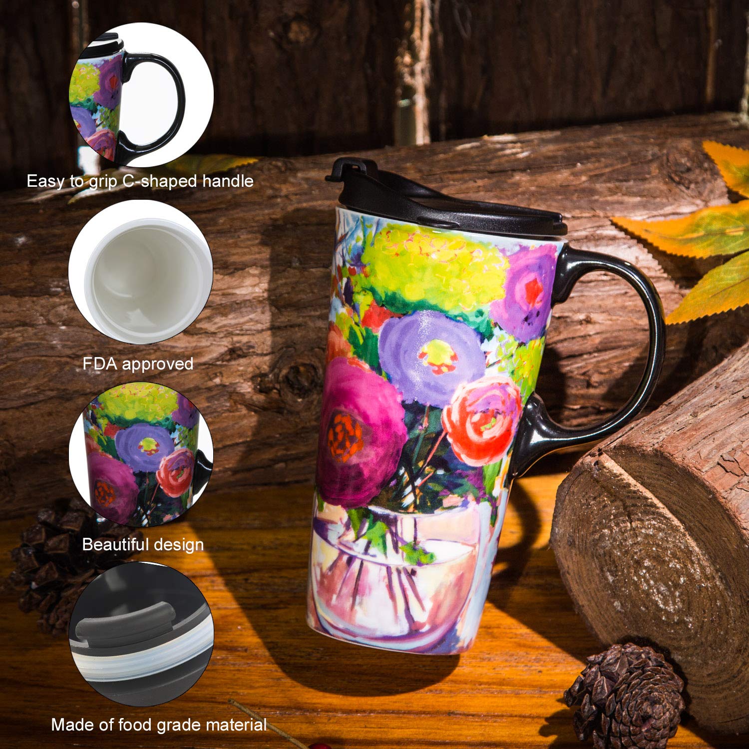 DUSVALLY Ceramic Mug Coffee Mug Ceramic Travel Cup with Lid and Handle,17oz.Colorful Flowers, Red, Medium - Image 3