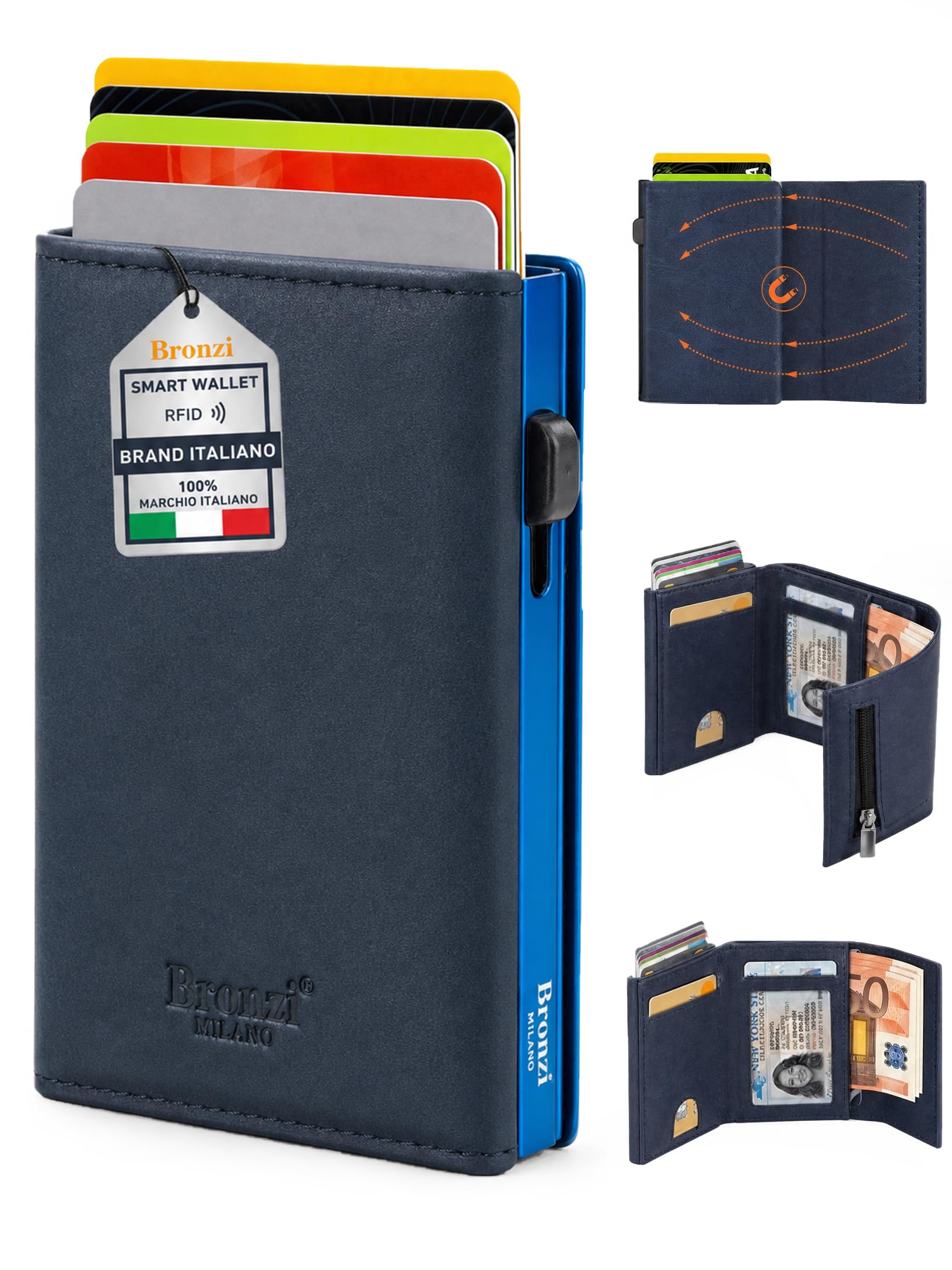Bronzi® Portafoglio Uomo Slim Piccolo | Portacarte Uomo Donna Portatessere Porta Carte Di Credito | Portafogli Mini Protezione RFID con Portamonete | Box Regalo - Brand Italiano