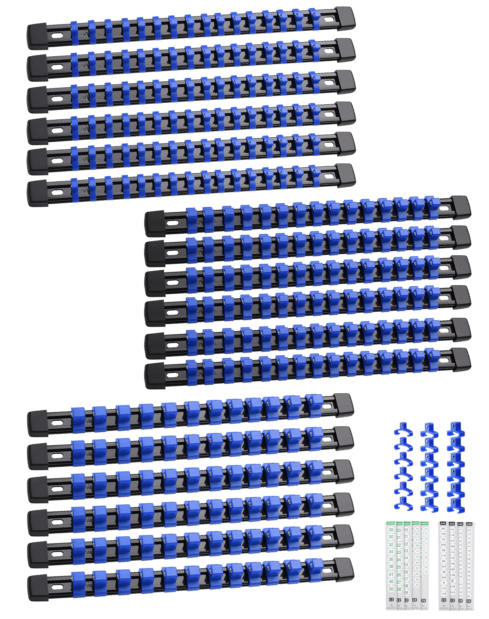 ALOANES 18PC ABS Socket Organizer, Socket Rails Fit 1/2 inch, 3/8 inch and 1/4 inch Drive, toHeavy Duty Socket Holders Hold up to 258 Sockets, Black Rails with Blue Clips