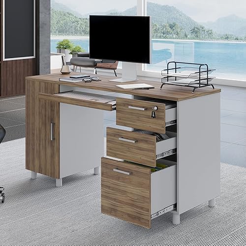 Miniatura 4 de Crafts and Comfort - Escritorio de oficina para computadora Venecia de diseño moderno con 3 cajones de bloqueo y armario de almacenamiento, Cass