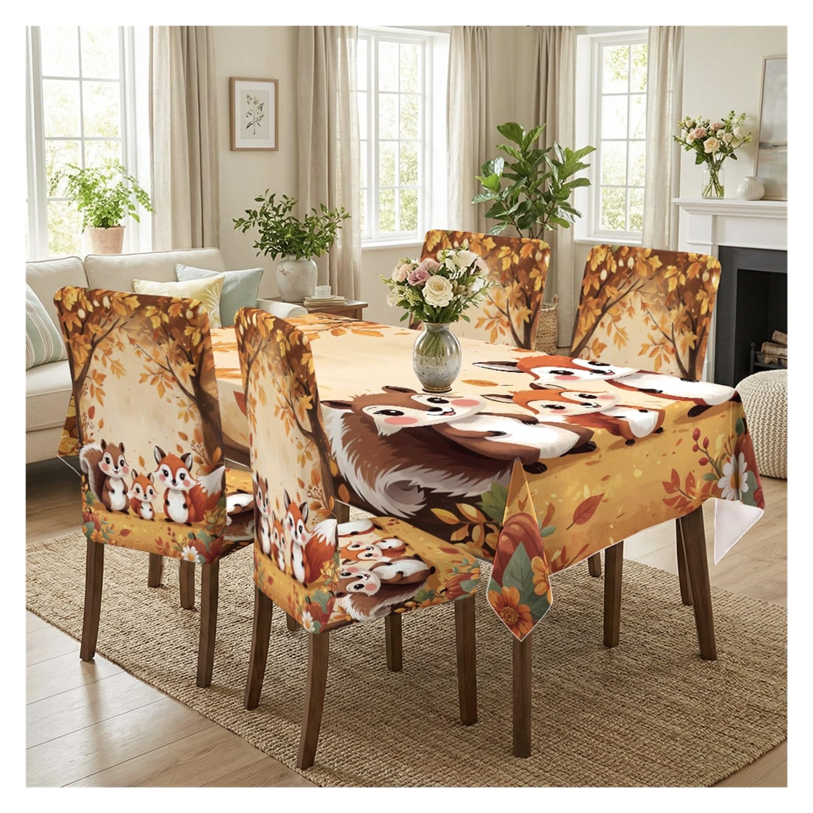 KXUAUV Autumn Fox Squirrel Forest Print Stretch Dining Chair Covers Tablecloth Set, For Kitchen Dining Living Room Thanksgiving Decor, 5/7 Pack Party Decor(5pcs Set: Tablecloth+Chair Covers)
